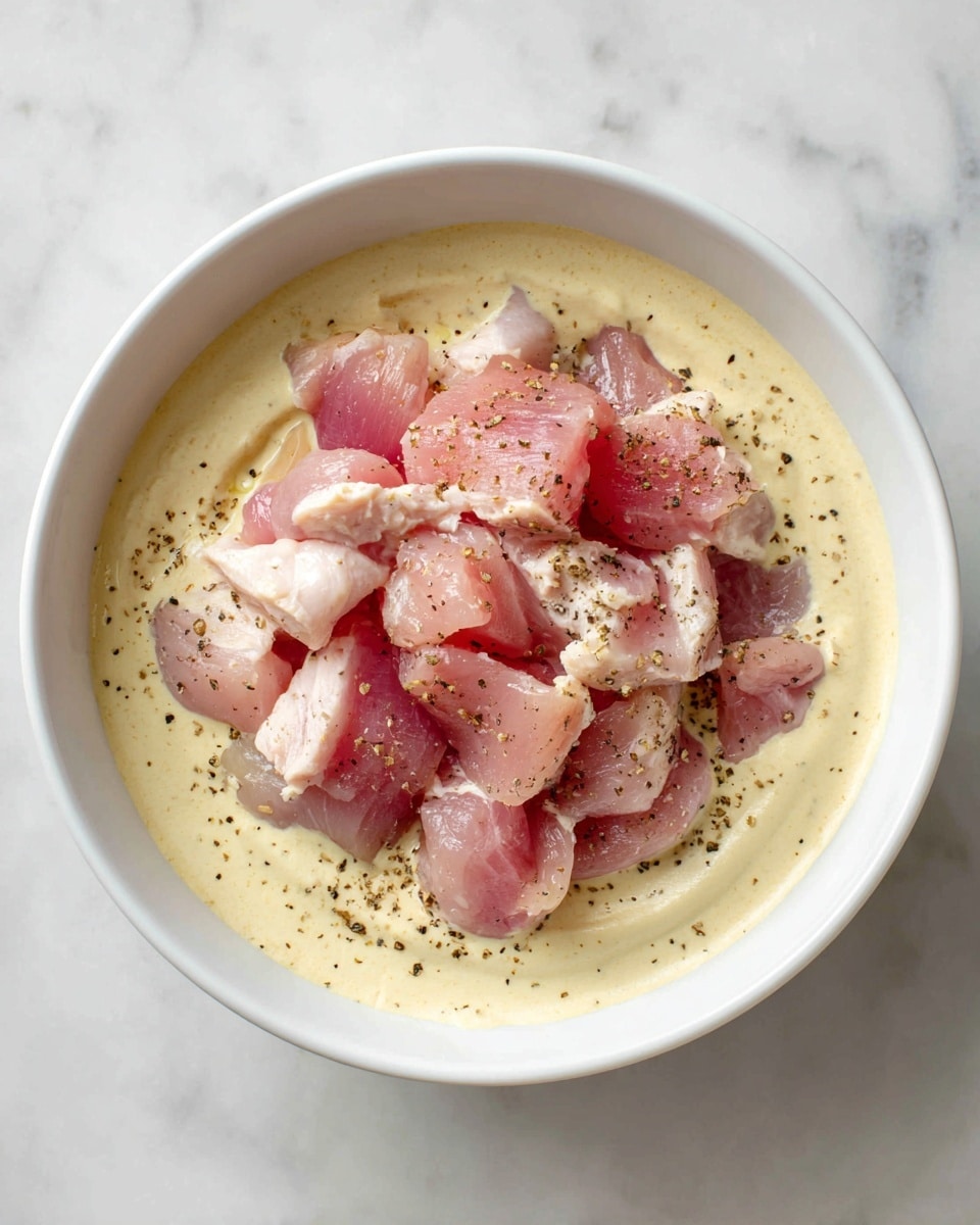 A white bowl filled with a creamy beige sauce that has specks of black seasoning swirled around the inside edges forming one thick layer, topped with a pile of raw pink chicken pieces unevenly spread in the middle, showing soft and slightly shiny textures on a white marbled surface. photo taken with an iphone --ar 4:5 --v 7