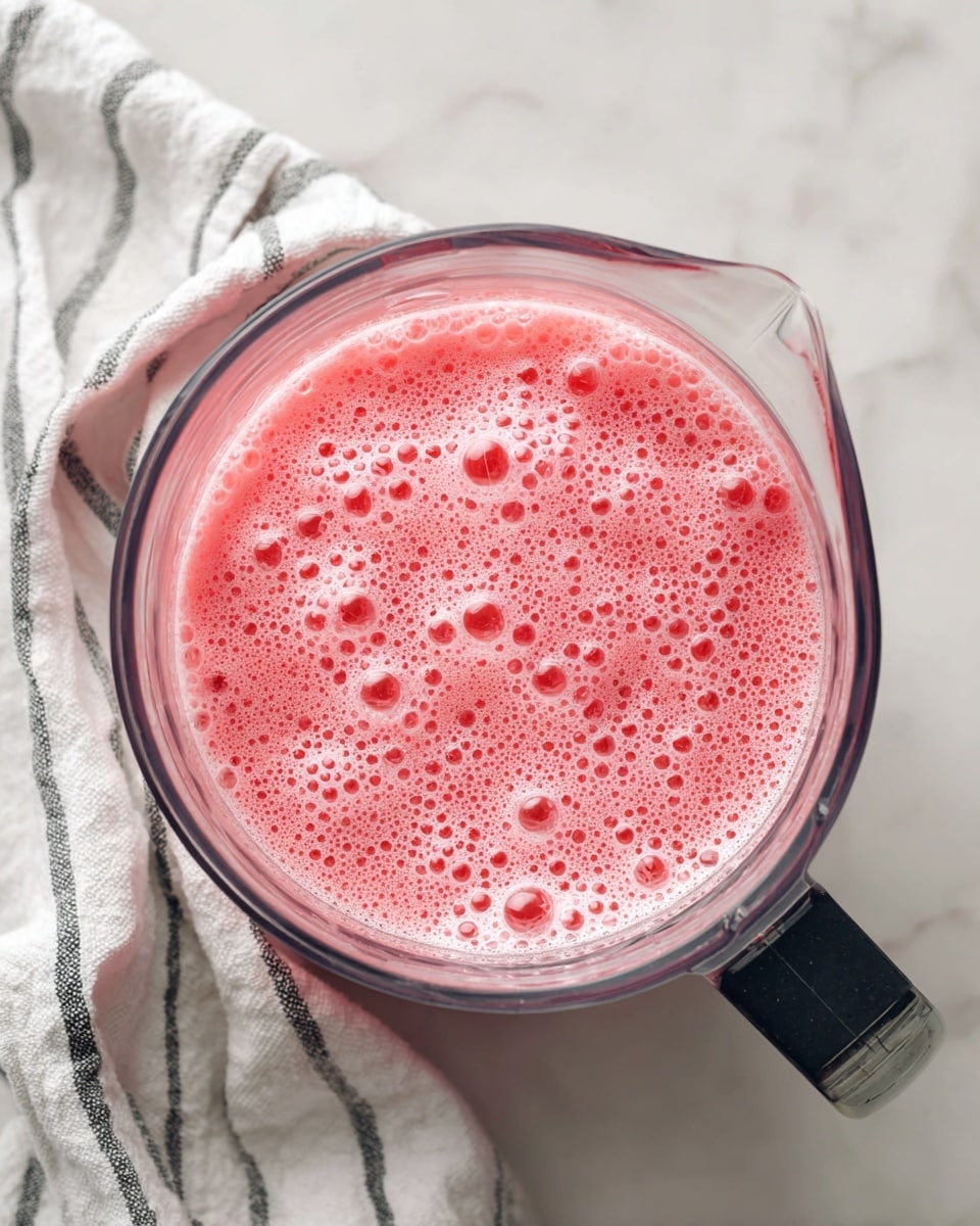 A clear blender container filled with a bright pink, frothy liquid, showing many small and some larger bubbles on the surface. The blender is placed on a white marbled texture, with a lime and a striped cloth towel partially visible nearby. The blender container has a black handle on the right side. photo taken with an iphone --ar 4:5 --v 7
