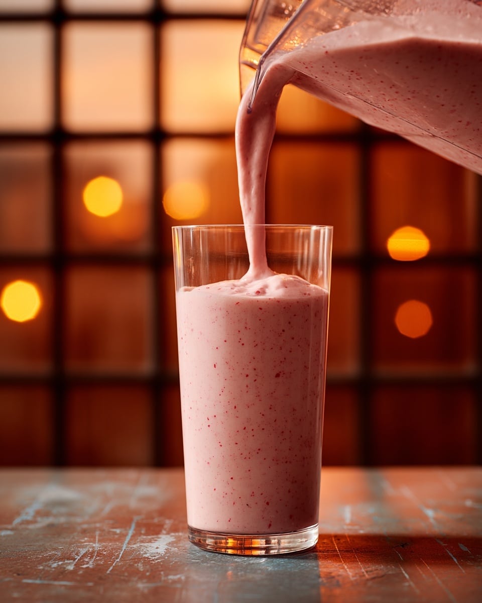 A clear tall glass is being filled with a smooth, light pink smoothie that has tiny red specks throughout, showing a creamy texture. The smoothie flows from a blender container into the glass in one thick stream. The glass sits on a rustic brown surface with scratch marks, and the background features a blurred grid window with warm, glowing orange and yellow lights. The scene is bright and cozy, with natural light casting soft shadows. photo taken with an iphone --ar 4:5 --v 7