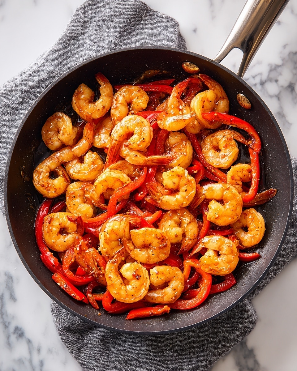 A black skillet filled with cooked shrimp and red bell pepper strips. The shrimp are light orange with a shiny, slightly glazed texture, curled and placed all over the skillet. Bright red pepper strips are mixed evenly among the shrimp, adding a crisp contrast. The skillet rests on a gray cloth on a white marbled surface. The whole scene shows a warm cooked dish in a simple setting. photo taken with an iphone --ar 4:5 --v 7