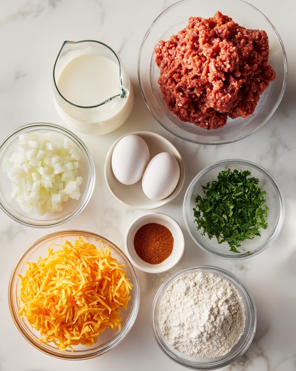 A top view of eight small bowls and a glass jug placed on a white marbled surface, each containing a different cooking ingredient: the top right bowl holds raw ground meat with a rough red texture, the top left glass jug is filled with white milk, below the jug is a white bowl with two white eggs, next to it a white bowl with chopped white onions, to the right a small white bowl with chopped green herbs, below that is another small white bowl filled with a reddish brown seasoning powder, bottom left is a clear glass bowl filled with shredded orange cheddar cheese, and the bottom right is a clear glass bowl containing white flour. photo taken with an iphone --ar 4:5 --v 7