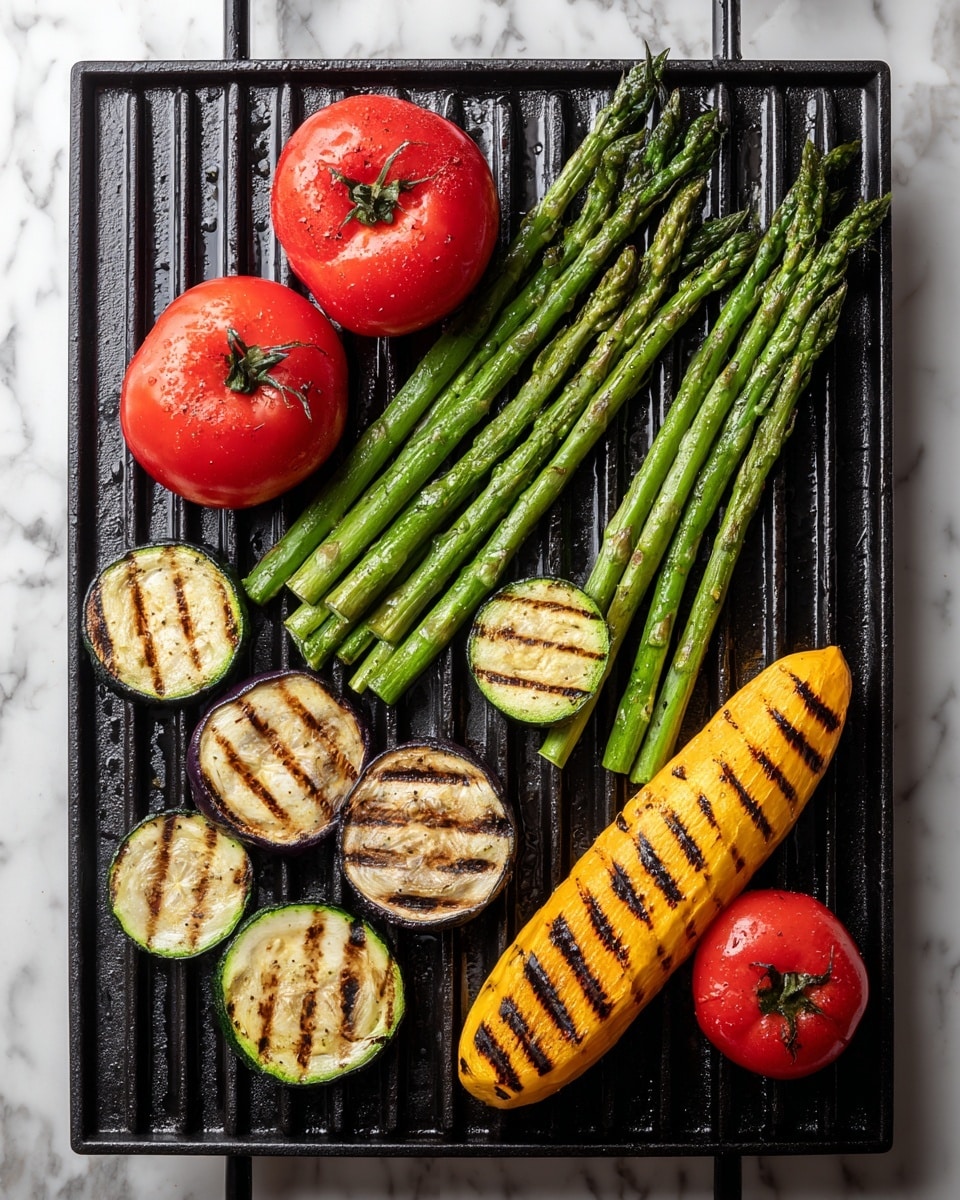 The image shows a black grill cooking a variety of vegetables. There are four green asparagus stalks laid diagonally across the middle, with char marks on their tips. Two whole red tomatoes sit near the bottom center and top right, showing slight moisture. Several zucchini slices are spread out, with some round eggplant slices showing clear grill marks and a light golden brown color. Two long yellow squash halves with dark grill lines are positioned on the right side, one closer to the middle and one near the top. The vegetables are placed directly on the grill bars, which have a slight shine from heat. The background is a white marbled texture. photo taken with an iphone --ar 4:5 --v 7