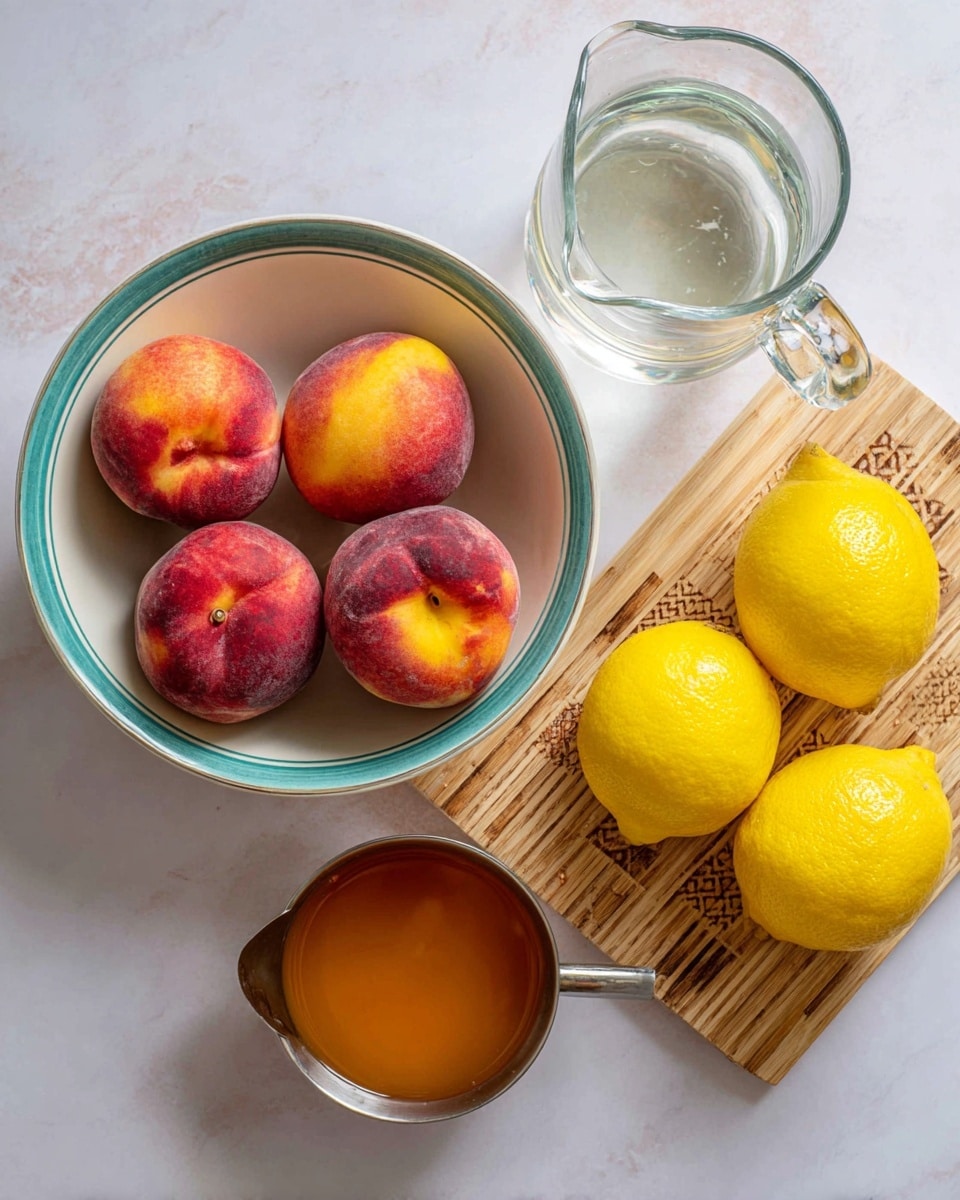 The image shows a white bowl with a teal rim filled with five whole peaches, each displaying a mix of deep red and yellow colors with a smooth texture. Next to the bowl is a clear glass pitcher filled with water, showing transparent reflections. To the right, on a light wood small cutting board with geometric lines, sit five bright yellow lemons with a textured surface. Below the lemons, a metal measuring cup holds a thick amber-colored liquid. All items are placed on a white marbled surface with soft natural light highlighting the textures and colors. Photo taken with an iphone --ar 4:5 --v 7