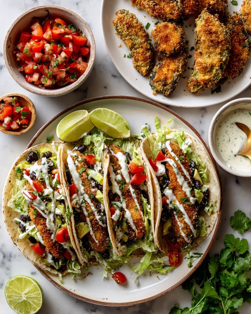Three toasted tortillas filled with layers of crushed green leaf lettuce, black beans, breaded avocado slices that are crunchy and golden, topped with diced red tomatoes and green peppers, and drizzled with a creamy white sauce with green herbs, arranged side by side on a white plate with a brown rim, with a lime wedge on the side; above, a white plate holds seven more breaded avocado slices with golden crunchy coating scattered in a loose oval; to the left, a small white bowl filled with chopped red tomatoes and green peppers, and to the right, a small white bowl with creamy sauce with a golden spoon inside; fresh green cilantro bunched up at the bottom right corner on a white marbled surface photo taken with an iphone --ar 4:5 --v 7