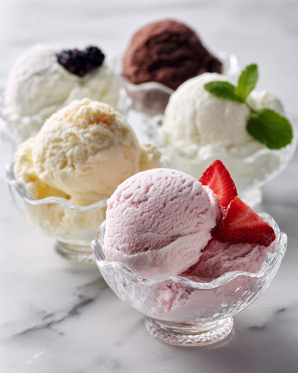 The image shows five scoops of ice cream in clear glass bowls, placed on a white marbled surface. The closest scoop is light pink with a soft, creamy texture, topped with a fresh red strawberry slice on the right edge. Behind it to the left is a white scoop with a smooth texture, garnished with a single blackberry. To the left and slightly behind is a pale yellow scoop with small crumbly bits on top, looking smooth and creamy. Further back and to the right is a white scoop decorated with two green mint leaves, appearing soft in texture. At the very back, there is a dark brown scoop with a rough texture, possibly chocolate. The bowls have a scalloped edge design and the photo has bright, natural lighting. Photo taken with an iphone --ar 4:5 --v 7