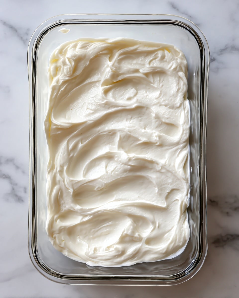 A glass rectangular container filled with a smooth, creamy white mixture spread evenly across the top, showing light texture and soft waves. The container is placed on a white marbled surface. There is no other visible layer or garnish in the image. photo taken with an iphone --ar 4:5 --v 7