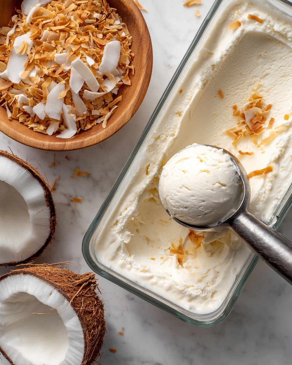 A close-up view of a smooth, creamy white ice cream inside a clear glass rectangular container, showing a single scoop lifted by a metal ice cream scooper positioned diagonally across the container with some texture and small chunks around the edges of the scoop. On the left side, a small wooden bowl filled with golden toasted coconut flakes and a half coconut shell filled with white coconut flesh are placed on a white marbled surface. photo taken with an iphone --ar 4:5 --v 7