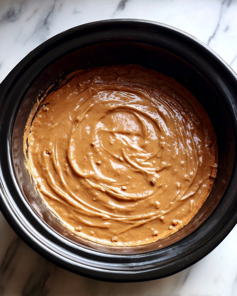 The image shows a single layer of thick, light brown batter with small darker brown bits mixed in, spread evenly inside a black slow cooker. The texture is smooth with visible swirls from spreading. The slow cooker sits on a surface with a white marbled texture. photo taken with an iphone --ar 4:5 --v 7