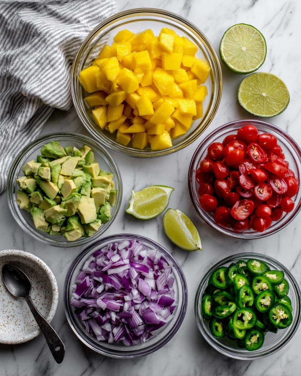 The image shows five clear glass bowls with chopped fresh ingredients arranged on a white marbled surface: one large bowl filled with bright yellow mango chunks at the top, a medium bowl with light green avocado pieces at the bottom, a medium bowl of red cherry tomatoes cut in halves to the right, a medium bowl of finely chopped purple and white onions to the left, and a small bowl with green sliced jalapeño peppers in the center; near the bowls are two lime wedges with green rind and pale yellow inside, and a speckled white ceramic bowl with a dark gray spoon resting inside is at the bottom left; a folded white and gray striped cloth is partially visible in the top left corner. Photo taken with an iphone --ar 4:5 --v 7