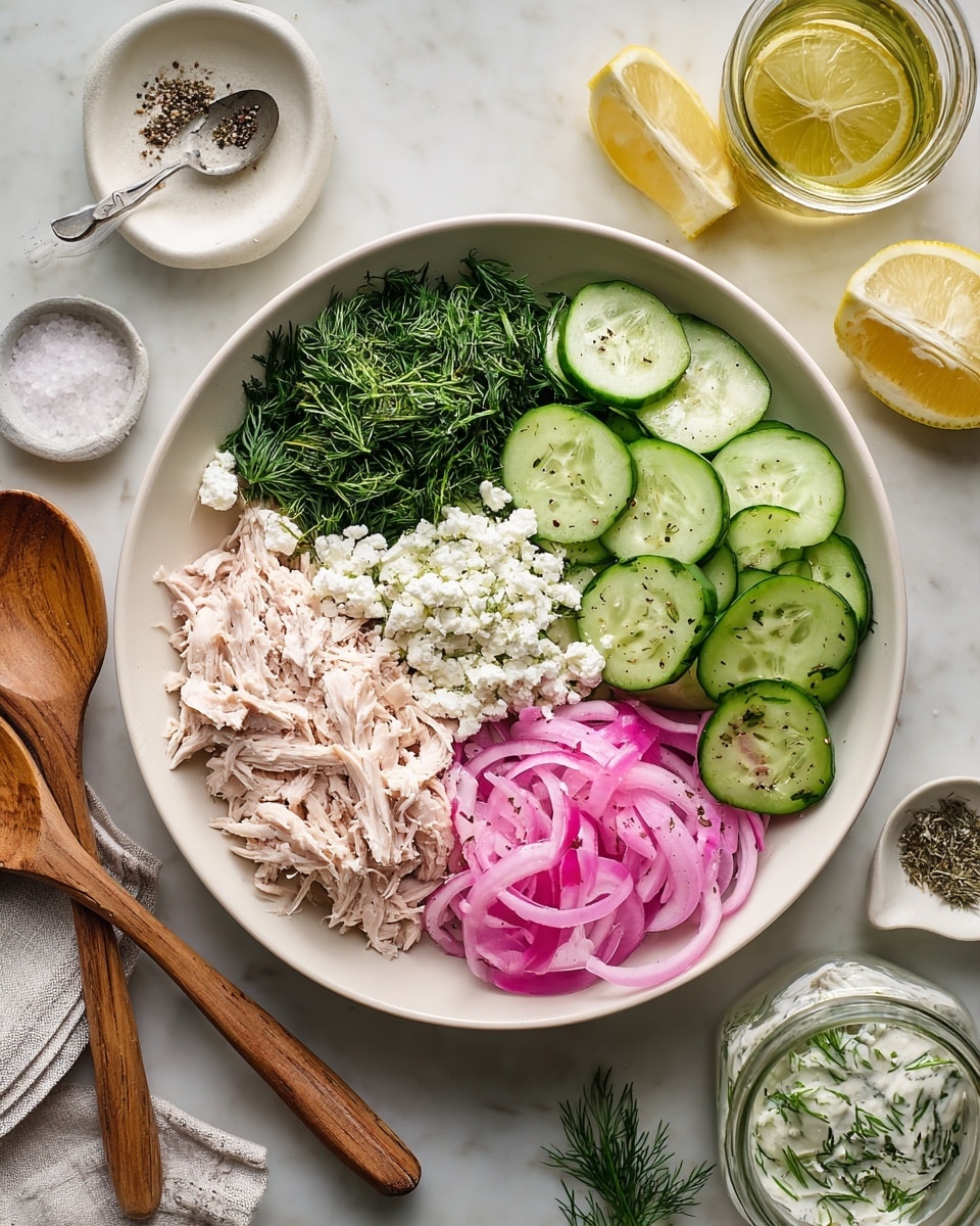 In the white bowl on a white marbled surface, there are four main layers arranged in sections: shredded pale pink chicken at the bottom left, topped lightly with crumbled white cheese; beside the chicken, finely chopped dark green dill creates a thick patch; next to the dill, thinly sliced light green cucumber rounds are stacked in two layers, with some cucumber slices sprinkled with black pepper; bright pink pickled onions form a small pile near the cheese. Two wooden spoons rest on the left side of the bowl. Around the bowl, there is a small plate with salt and black pepper, a small bowl with white cheese, a glass jar of pink pickled onions, some green dill sprigs, and two lemon halves. photo taken with an iphone --ar 4:5 --v 7