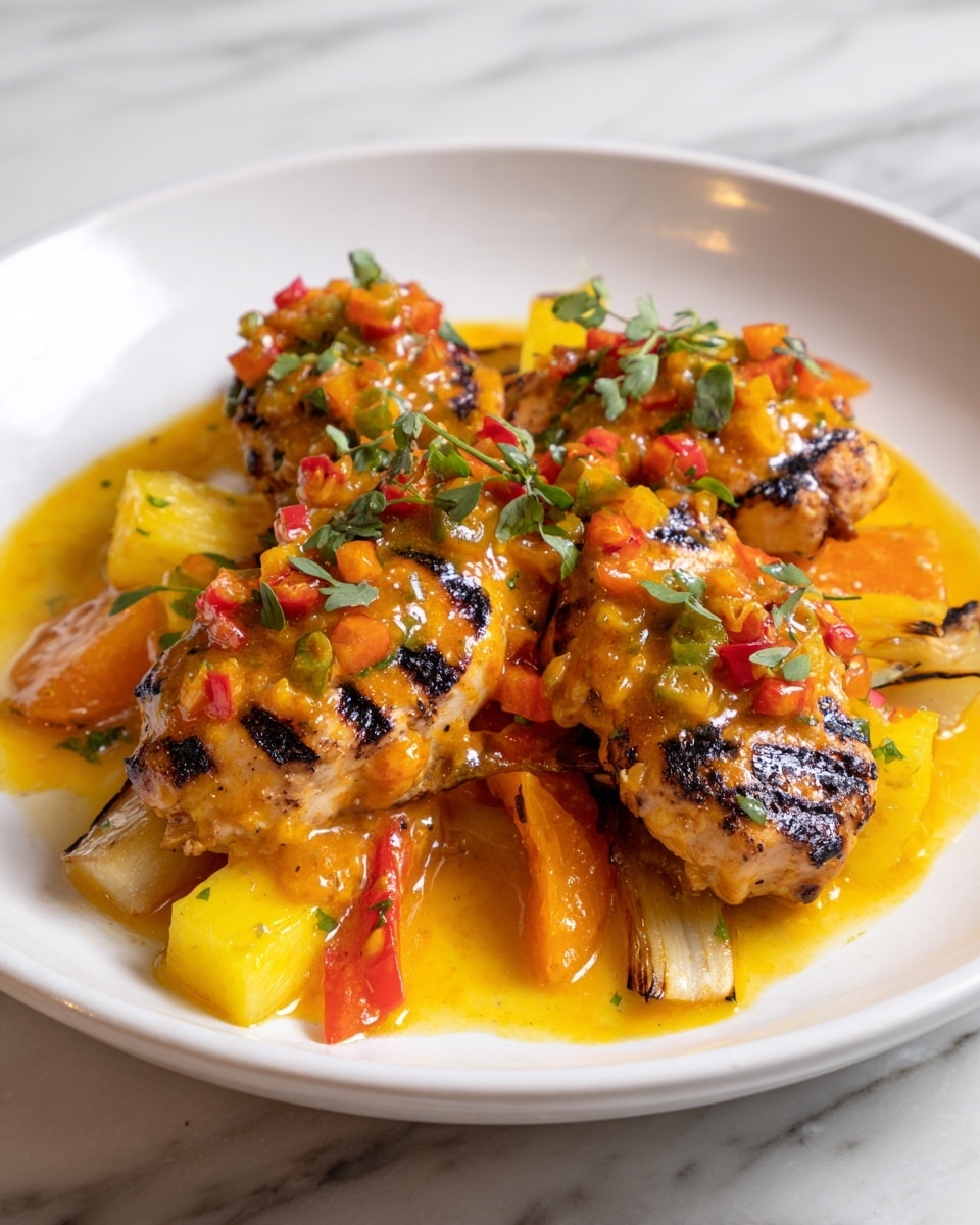 The dish shows four grilled chicken pieces with clear dark grill marks on top, each covered with a chunky, bright orange sauce with bits of red and yellow peppers. Beneath and around the chicken are slices of grilled yellow bell peppers and long pieces of grilled light golden-brown vegetables, possibly onions or squash. Scattered bright yellow pineapple chunks and small green herb leaves, possibly cilantro, are spread over the chicken and vegetables, all served on a white plate set on a white marbled surface. The colors are warm with a mix of orange, yellow, green, and dark grill marks. photo taken with an iphone --ar 4:5 --v 7