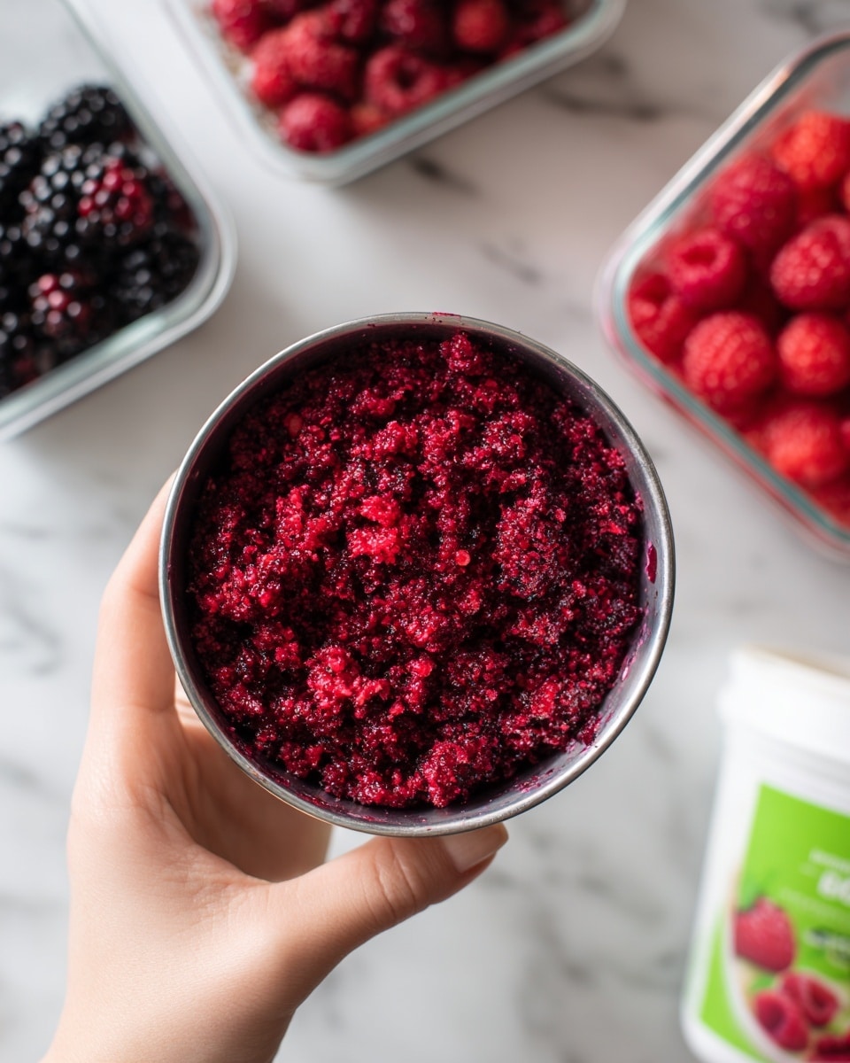 A close-up image shows a woman's hand holding a metal bowl filled with crushed red raspberries and blackberries, creating a mix of deep red and dark purple colors with a moist texture. In the background, on a white marbled surface, there is a clear container filled with whole bright red raspberries in the top right, a clear container with whole blackberries in the bottom left, and a white yogurt container with green and red accents on the bottom right. photo taken with an iphone --ar 4:5 --v 7