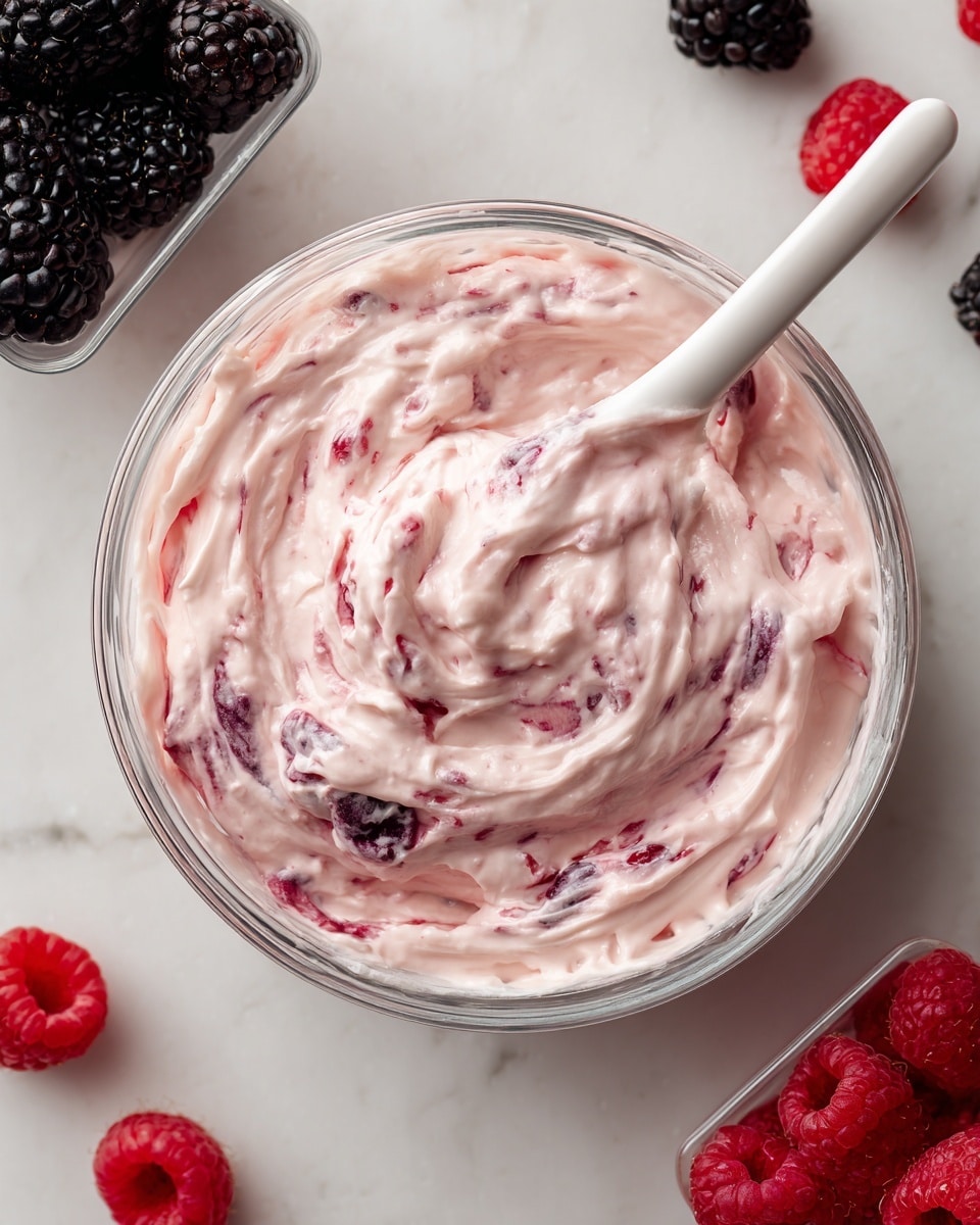 A round glass bowl sits on a white marbled surface, filled with a creamy light pink mixture that has swirls of darker pink and visible pieces of blackberries and raspberries throughout, giving it a textured and fruity look. Inside the bowl, a white spoon is partially submerged in the mixture, pointing toward the right side. Around the bowl at the corners of the image, clear plastic containers hold fresh blackberries and bright red raspberries, adding vibrant colors to the scene. The photo taken with an iphone --ar 4:5 --v 7