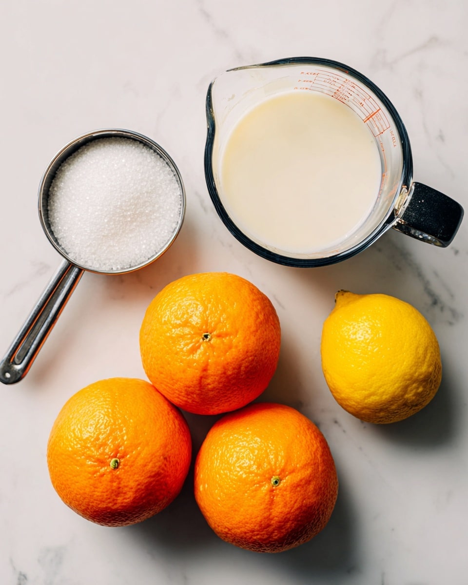 The image shows two measuring cups and four fruits placed on a white marbled surface. The top right cup is clear with a black handle and filled with a creamy white liquid. To its left, a black measuring cup holds white granulated sugar. Below them, there are three round, bright orange oranges and one yellow lemon with a textured peel, arranged in a loose cluster. The colors contrast with the clean, light background. Photo taken with an iphone --ar 4:5 --v 7