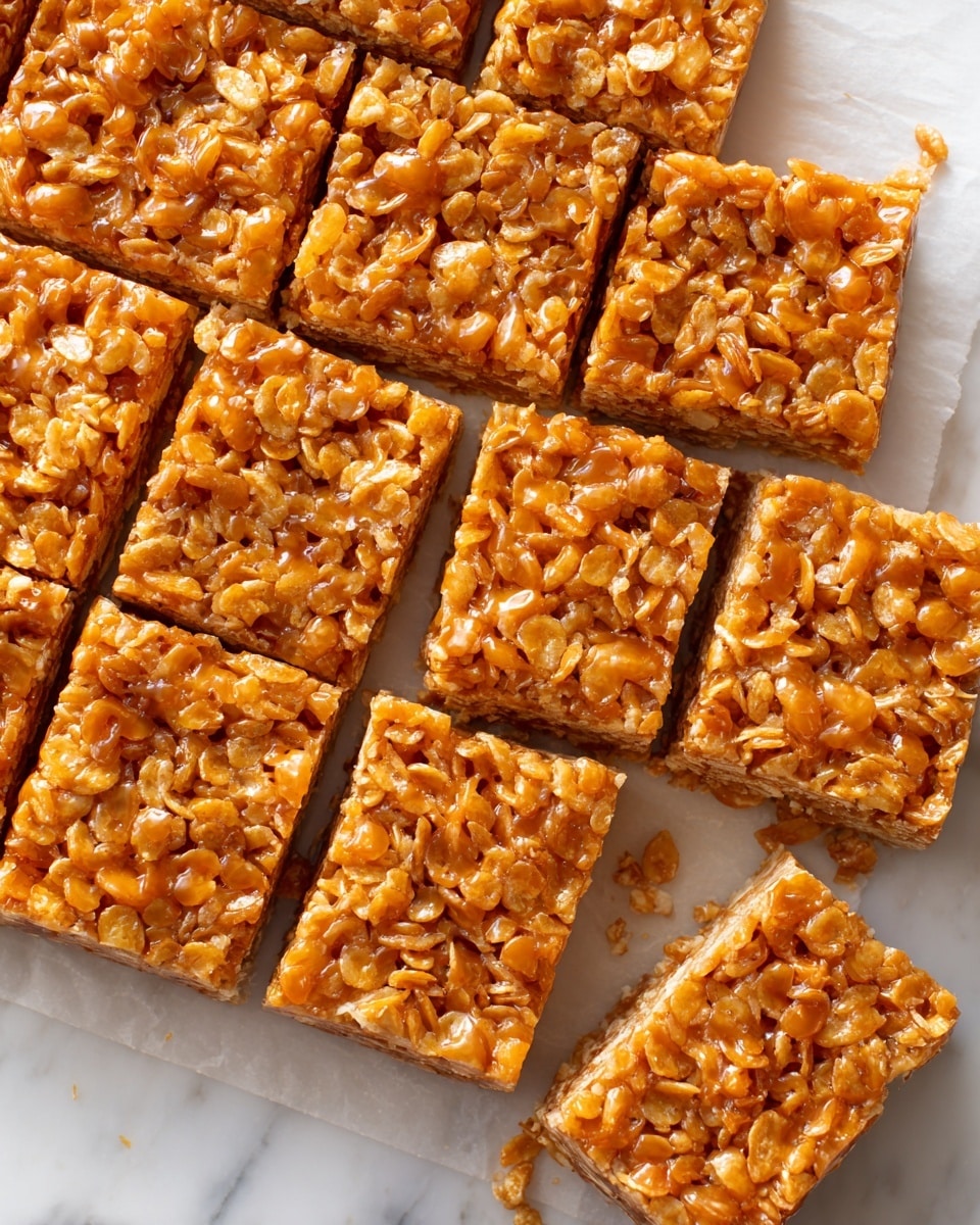 The image shows a batch of golden brown cereal bars cut into 15 rectangular pieces and arranged in a 3 by 5 layout on white parchment paper, over a white marbled surface. The bars have a crispy texture with visible clusters of cornflakes coated in a shiny caramel-like layer. One bar in the second row is missing, revealing a sticky, darker brown base underneath. The edges of the bars are slightly irregular with some small broken pieces around the cut lines. photo taken with an iphone --ar 4:5 --v 7