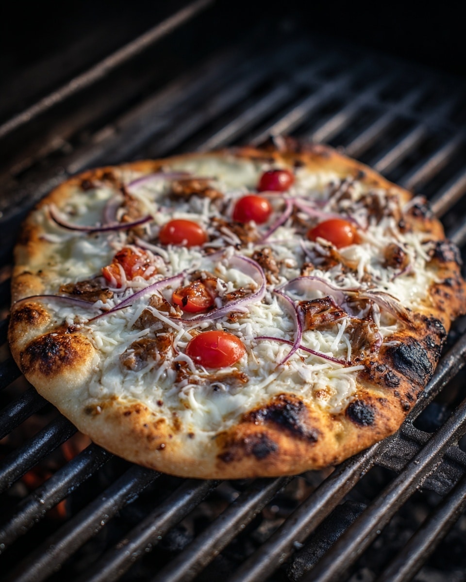 A round pizza resting on a grill with a slightly charred, bubbly golden-brown crust. The base is covered with a layer of white shredded cheese. Scattered unevenly on top are thin, curved slices of light purple onion and small bright red cherry tomatoes. Small bits of cooked, browned meat are also spread across the cheese layer. The background is a dark grill surface with metal bars. photo taken with an iphone --ar 4:5 --v 7