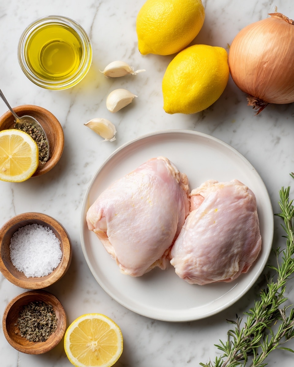 Two pale pink raw chicken pieces are placed on a white round plate in the center right of the image. Around the plate, on a white marbled texture surface, there are two whole yellow lemons—one below and one top right of the plate—four garlic cloves scattered near the bottom left of the plate, a small wooden bowl with salt below the chicken, and a similar wooden bowl with black pepper top left. A sprig of green rosemary lies to the far right, while a whole light brown onion is positioned above the plate. To the far left, there is a small glass jar with a light yellow liquid and a white bowl filled with olive oil with a silver spoon in it. photo taken with an iphone --ar 4:5 --v 7