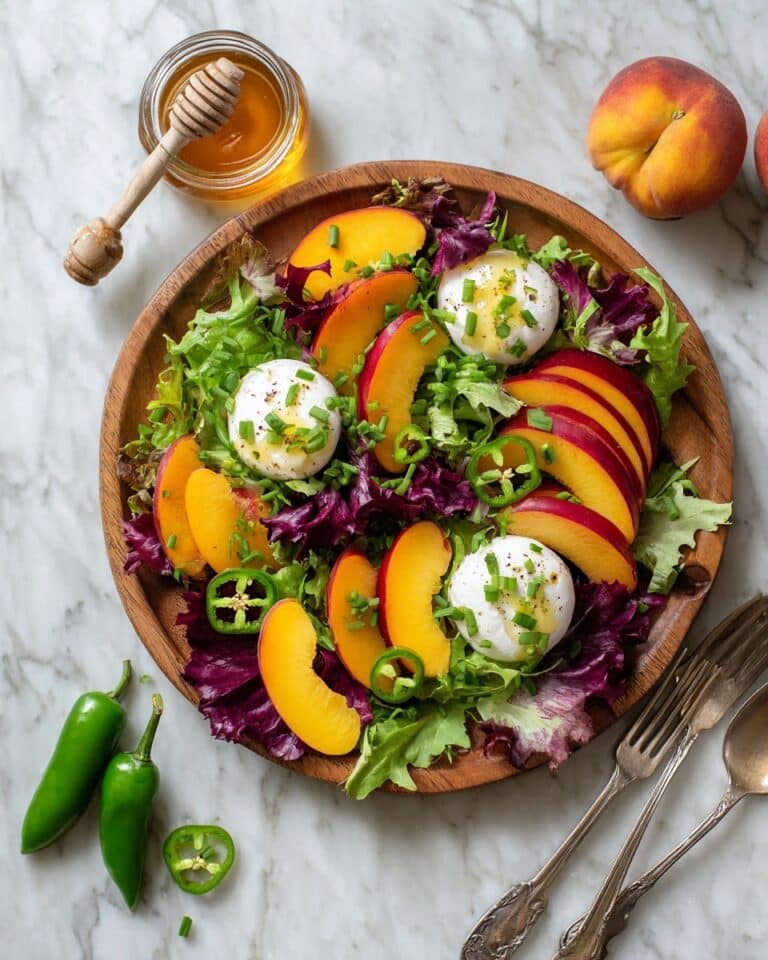 Peach and Burrata Salad with Candied Jalapenos and Honey Lime Vinaigrette Recipe