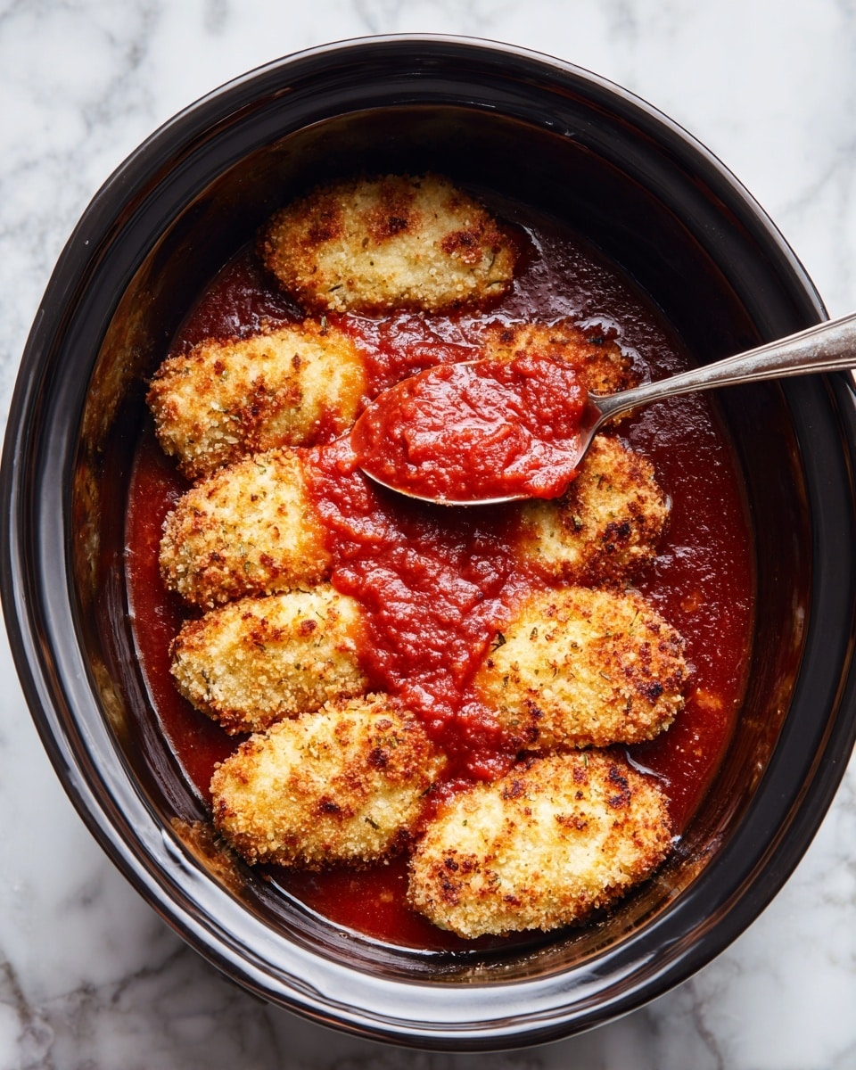 Inside a round black slow cooker, there are five golden-brown breaded chicken pieces placed in a row, showing a crunchy texture with some dark brown spots. On top of the chicken is a shiny, thick layer of red tomato sauce being spread with a silver spoon positioned in the middle. The background is a white marbled texture. photo taken with an iphone --ar 4:5 --v 7