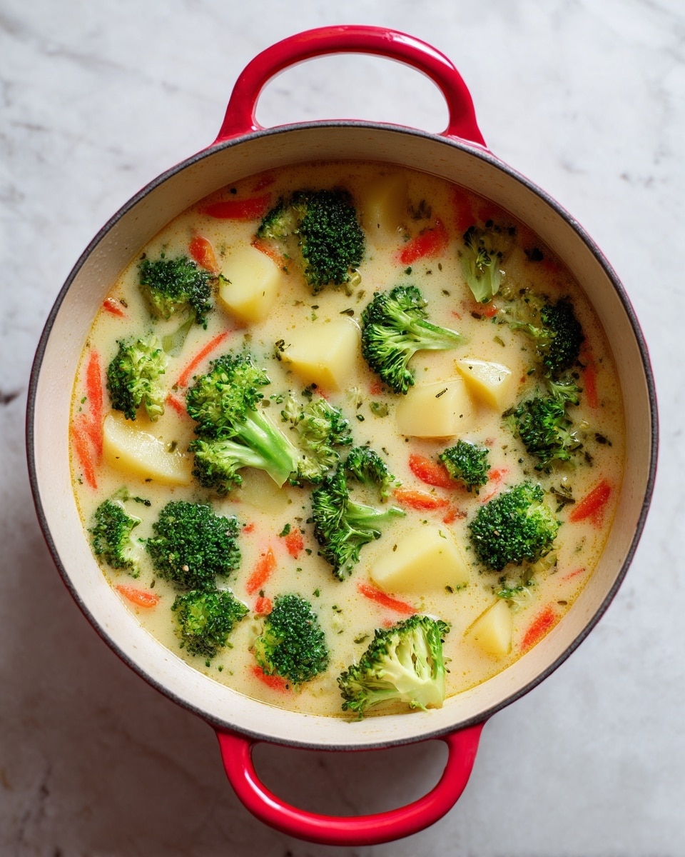 The image shows a top view of a white pot with red handles placed on a white marbled surface. Inside the pot, there is a creamy broth containing bright green broccoli florets scattered over the surface. Small yellow potato pieces and thin orange carrot strips are mixed in the broth. The creamy liquid has a smooth texture and light color that contrasts with the vibrant vegetables. The wooden table beneath the pot is barely visible at the edges. photo taken with an iphone --ar 4:5 --v 7