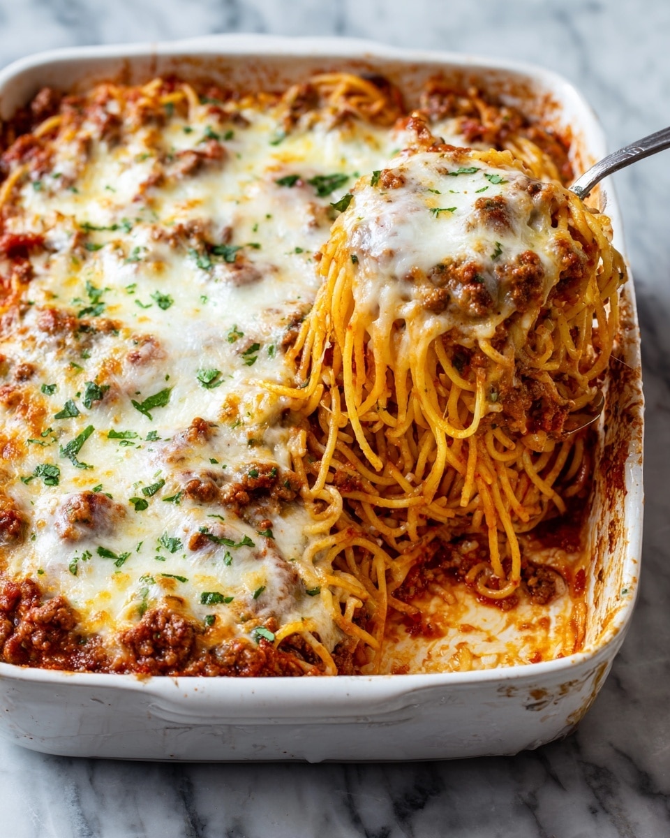A white baking dish filled with baked spaghetti, showing two main layers: the bottom layer is spaghetti with red tomato sauce mixed with browned ground meat, the noodles are visible and coated in sauce; the top layer is thick melted white cheese with some golden brown spots and small green herb bits sprinkled on top, melted cheese stretches slightly where a spoon lifts the spaghetti from the dish; the edges of the dish have some sauce stains, and the dish sits on a white marbled surface. photo taken with an iphone --ar 4:5 --v 7