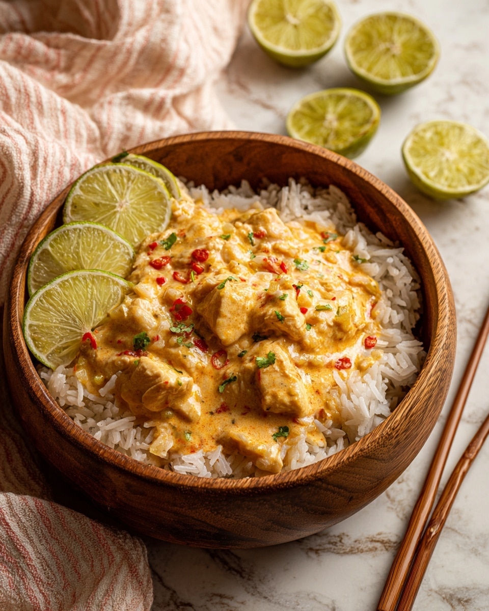 A round white scalloped bowl contains a creamy pink curry with tender light beige chicken pieces mixed with white rice. The dish is garnished with chopped green herbs, small red chili slices, and bits of translucent onions. Three vibrant green lime wedges are placed on the edge of the bowl. A silver spoon rests partially inside the bowl among the curry and rice. The bowl sits on a white marbled surface with a soft pink and beige textured cloth draped nearby. Photo taken with an iphone --ar 4:5 --v 7