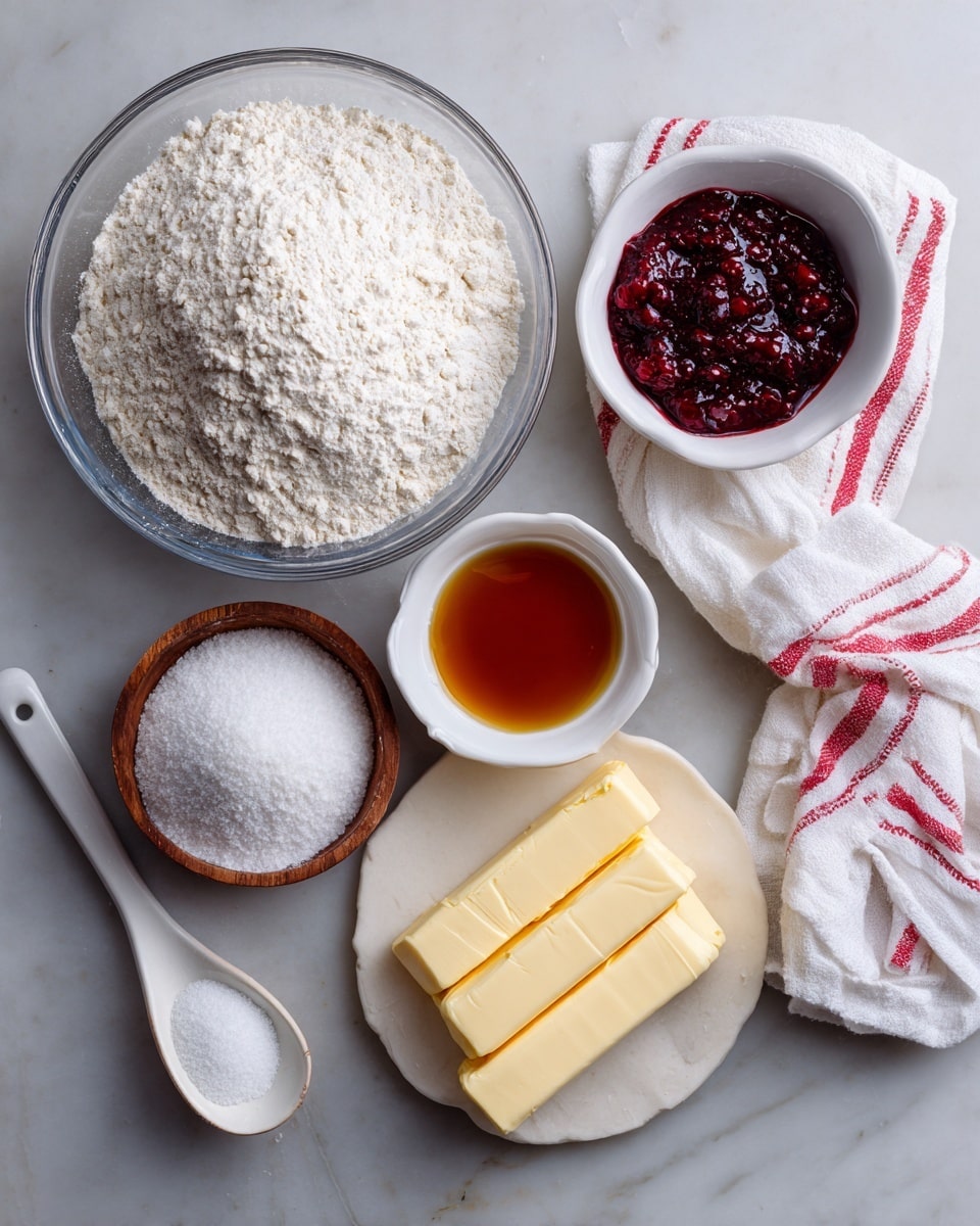 A white marbled surface holds six ingredients neatly arranged: a large clear glass bowl filled with a rough white flour, a small white bowl full of dark red raspberry preserves with visible seeds, a small wooden bowl packed with fine white powdered sugar, a white ceramic spoon containing amber vanilla liquid, a white measuring spoon with white salt, and two sticks of butter wrapped in blue and white paper partly unwrapped, with a white towel with red stripes folded beside them. photo taken with an iphone --ar 4:5 --v 7