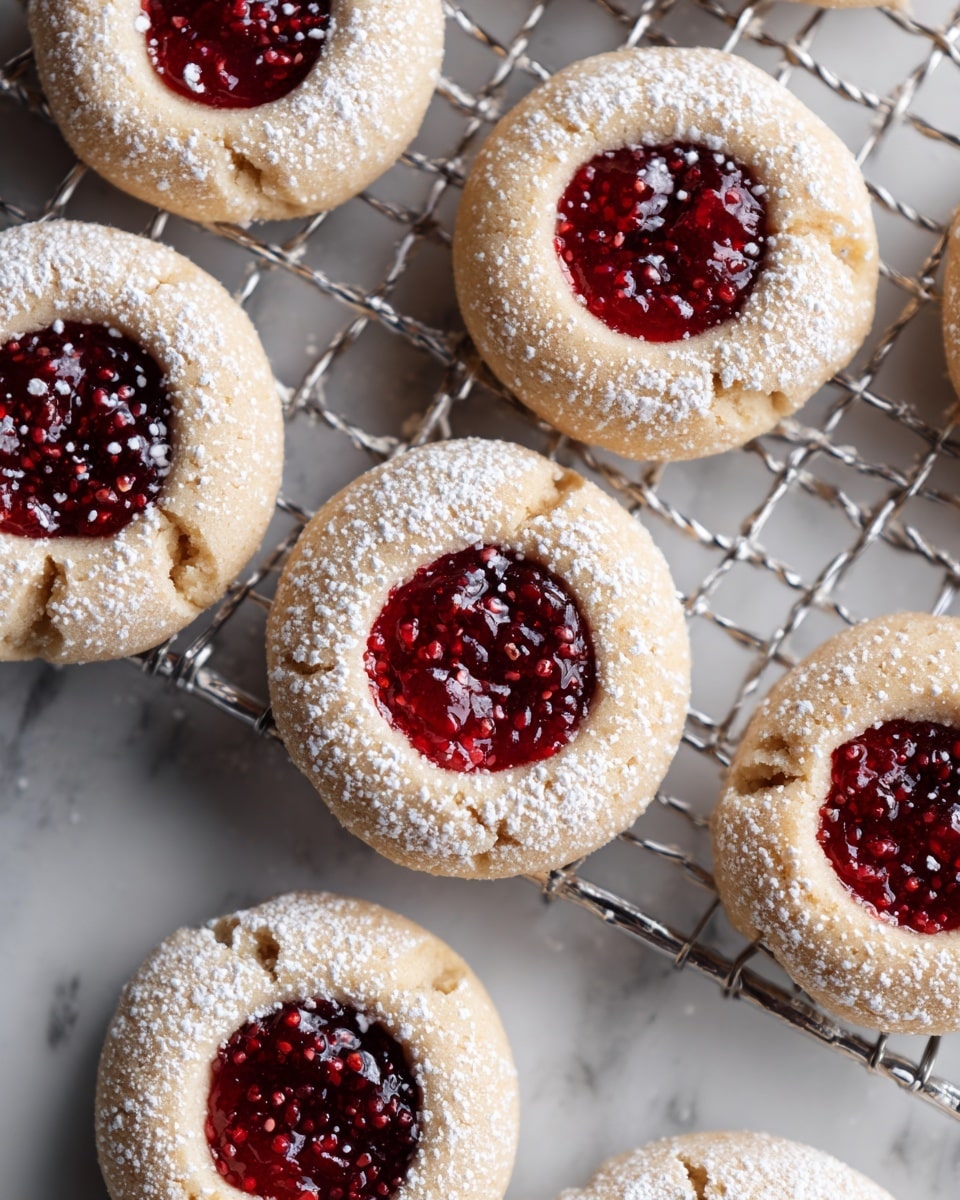 The image shows several round thumbprint cookies placed on a metal cooling rack over a white marbled surface. Each cookie has a light beige, soft-looking dough base forming the outer circle with a smooth texture. In the center of each cookie, there is a deep red, glossy jam layer filled evenly, with small bits visible throughout. The cookies are lightly dusted with white powdered sugar, which contrasts with the dark jam and beige dough. The whole scene has a cozy, freshly baked feel. photo taken with an iphone --ar 4:5 --v 7