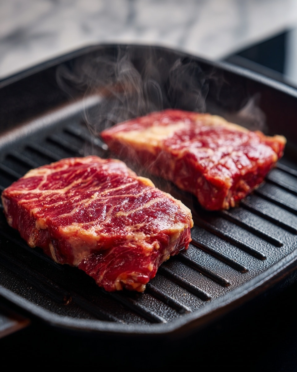 Two thin pieces of raw red meat with marbled fat are placed side by side on a black grill pan with raised ridges. The meat glistens with moisture and some parts show early browning. Light steam rises gently from the hot pan, which is set on a dark stove. The pan has a slightly rough, matte texture, contrasting with the shiny, soft surface of the meat. The background is a white marbled texture. photo taken with an iphone --ar 4:5 --v 7