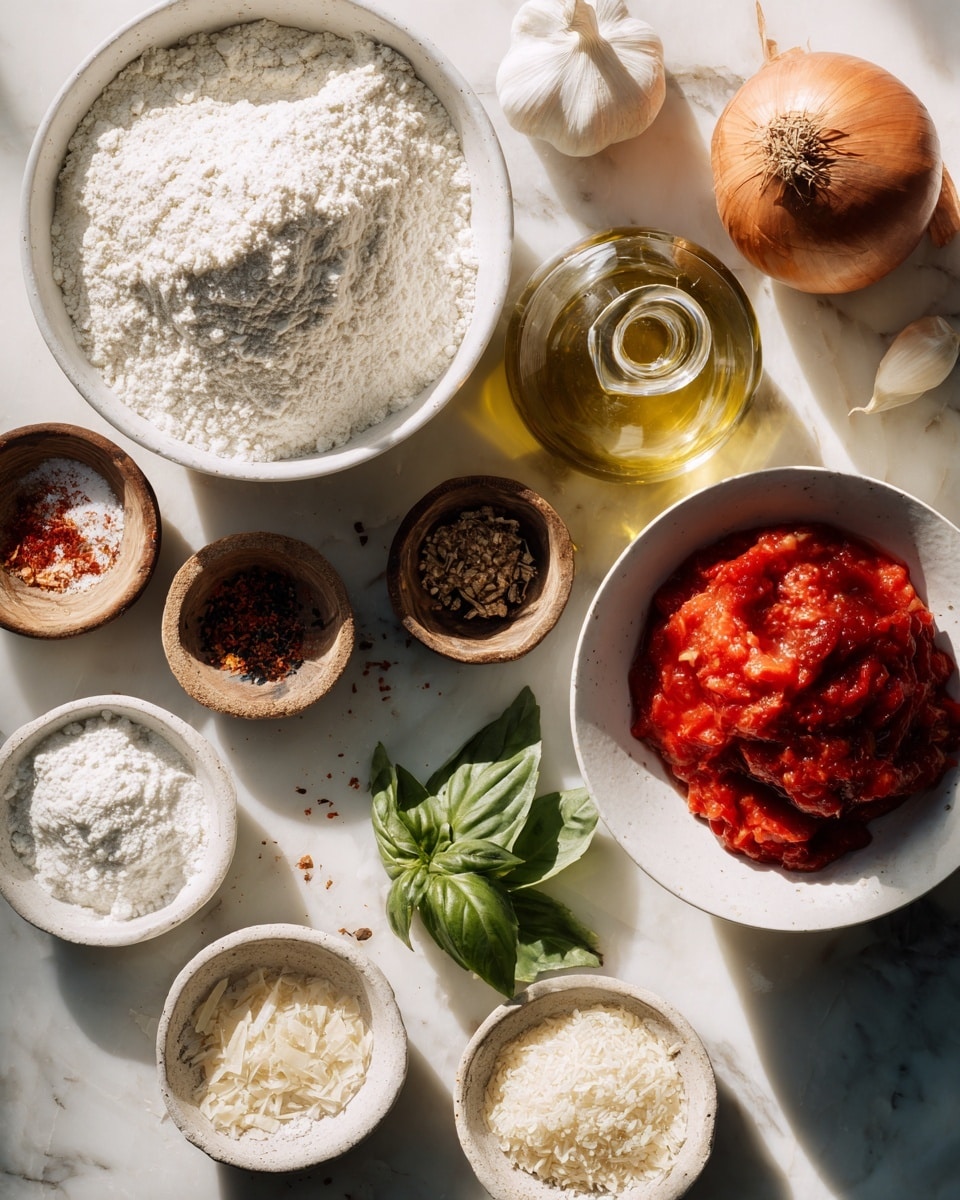 The image shows a top view of several small white bowls and dishes arranged on a white marbled surface, each holding different cooking ingredients. At the bottom left is a large white bowl filled with white flour that looks soft and powdery. Above it is another white bowl with a similar powder but a finer texture. To the right of these, there is a clear glass bottle filled with golden olive oil. In the middle, a white round bowl contains crushed red tomatoes, smooth and shiny. Near the tomatoes, a fresh green basil leaf lies on the surface. At the top right, there is a whole brown onion with a smooth outer skin and a single garlic clove beside it. Several other small white and natural wooden bowls hold various dry ingredients such as salt, sugar, yeast, dried anchovies, grated cheese, and spices, each showing different textures from powdery to coarse. The light creates soft shadows, highlighting the details of each ingredient. photo taken with an iphone --ar 4:5 --v 7