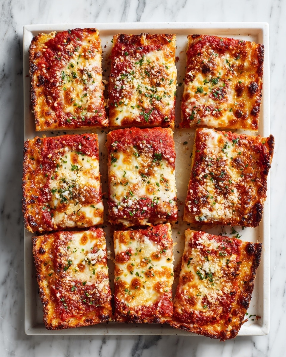 The image shows eight rectangular slices of pizza on a white tray with a white marbled surface underneath. Each slice has a thick, golden-brown crispy crust at the bottom layer, topped with a generous layer of bright red tomato sauce. The top layer is a golden, bubbled cheese layer that is slightly browned and sprinkled with small patches of herbs and finely grated cheese, giving a textured look. The pizza squares are evenly spaced and the edges have some slight charring for a crunchy appearance. photo taken with an iphone --ar 4:5 --v 7