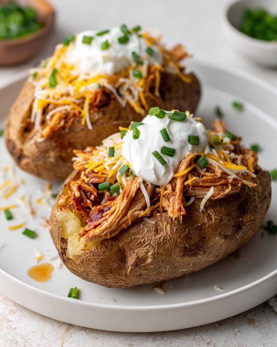 The image shows two baked potatoes on a white plate with a white marbled surface underneath. Each potato has three layers: the bottom layer is the golden-brown baked potato itself, the middle layer is a generous amount of shredded orange-colored chicken mixed with sauce, and the top layer is shredded yellow cheddar cheese. On each potato, there is a dollop of white sour cream garnished with small green chopped chives. Some chopped chives are also scattered around the plate for decoration. The overall look is warm and appetizing, with the colors of orange, yellow, white, and green standing out. Photo taken with an iphone --ar 4:5 --v 7