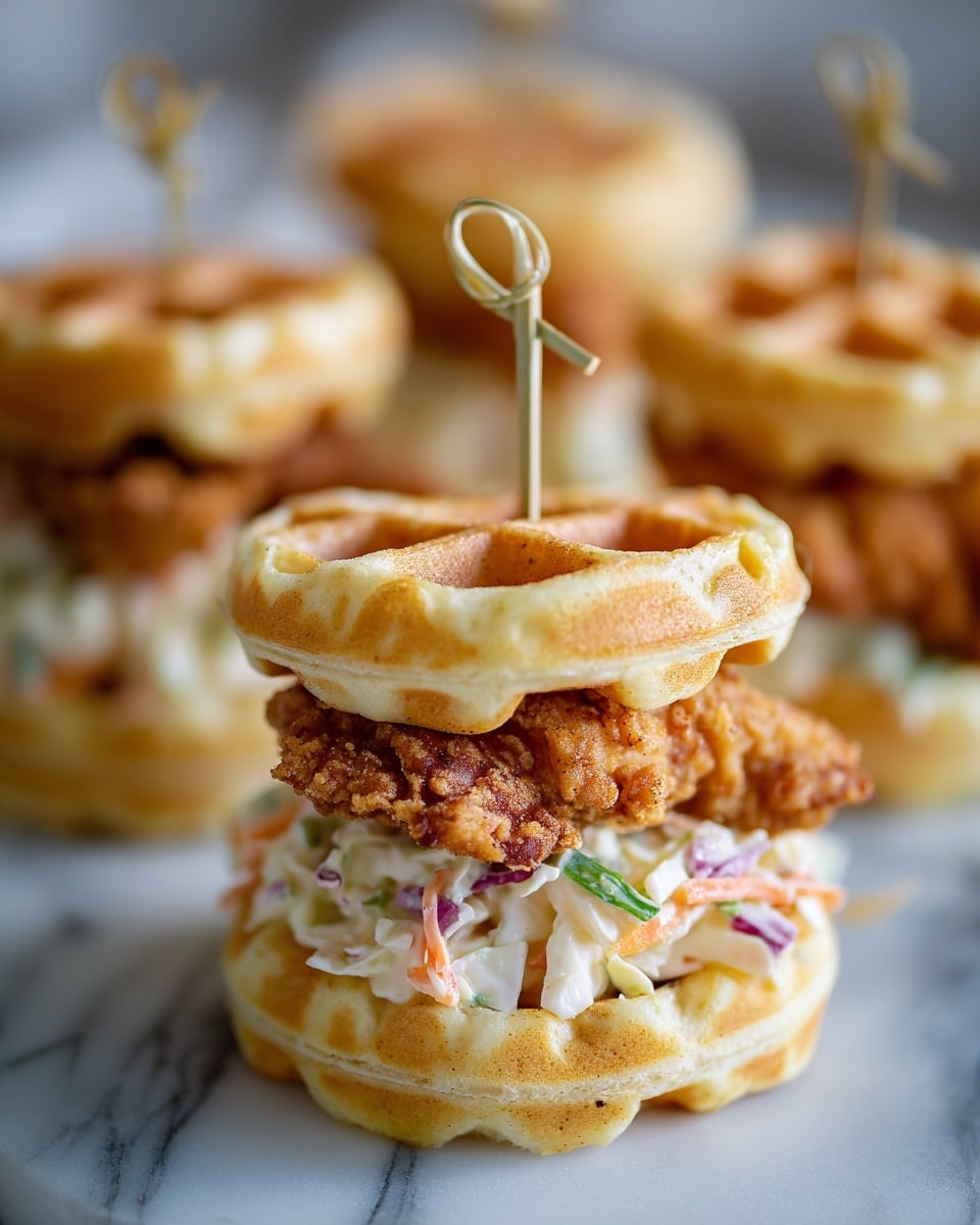 The image shows small sandwich stacks made with three main layers: at the bottom, a light golden waffle with a soft texture; in the middle, a layer of creamy coleslaw with white, orange, and light green shreds; above that, a piece of crispy, golden-brown fried chicken; and on the top, another golden waffle, held together with a toothpick. The sandwiches sit on a white marbled surface, and the focus is on the front sandwich, with others blurred in the background. Photo taken with an iphone --ar 4:5 --v 7