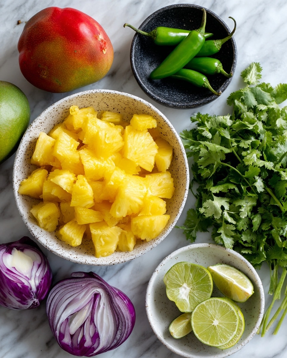 The image shows a top view of fresh ingredients arranged on a white marbled surface. In the center, there is a white speckled bowl filled with bright yellow chunks of pineapple. To the right, fresh green cilantro leaves spread out, next to two green serrano chilies, one whole and one sliced open, resting inside a small black bowl. Below the pineapple bowl, a half red onion shows its purple and white rings. To the left, a whole mango with green and orange tones sits beside a red bell pepper cut open to reveal its white seeds and inner texture. At the bottom right, lime wedges sit in a small white speckled bowl, adding a touch of green. The whole arrangement is colorful and fresh, with natural textures clearly visible. Photo taken with an iphone --ar 4:5 --v 7