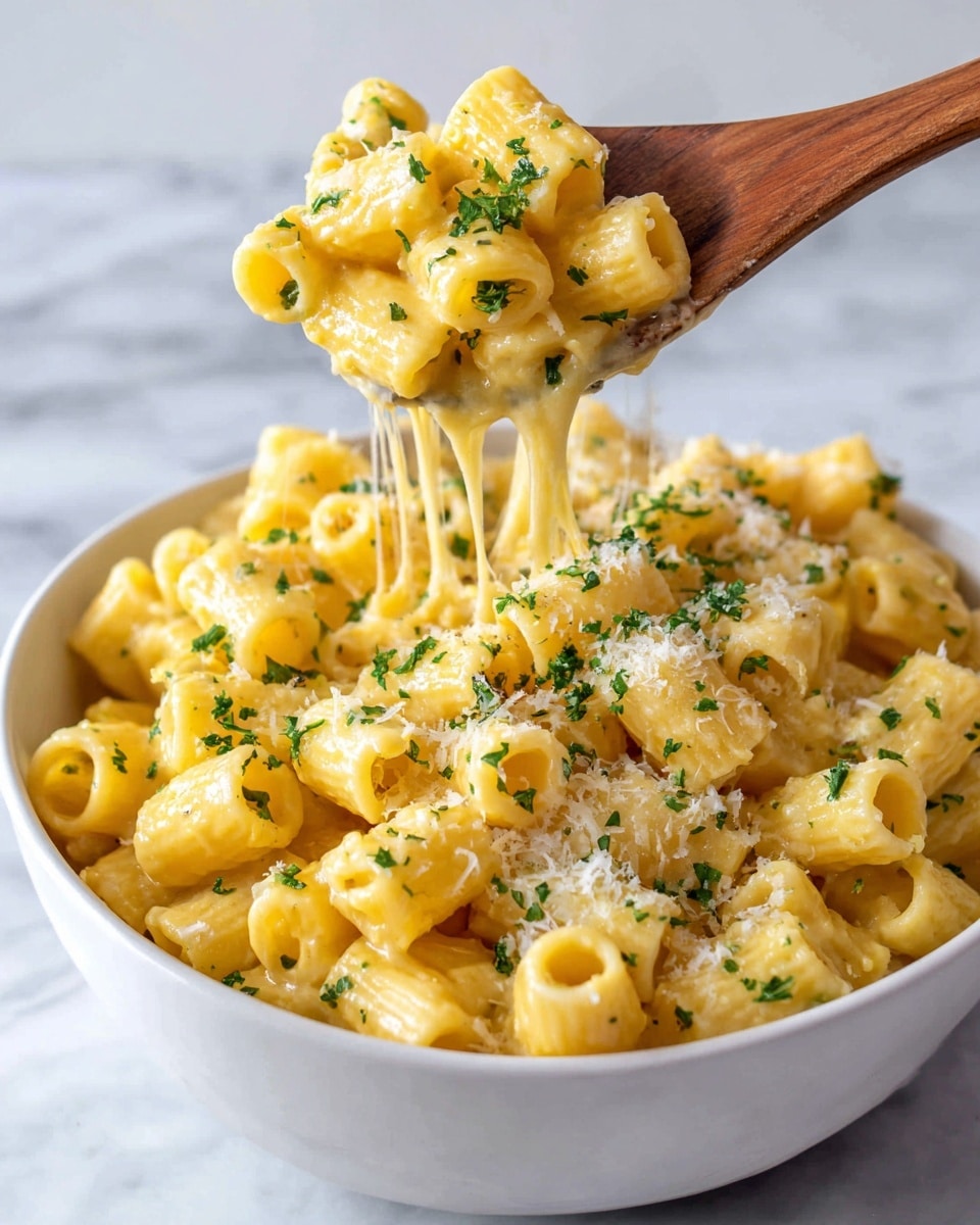A white pan with shiny brass handles contains one layer of small, round, orange pasta pieces spread evenly across the bottom. The pasta is partially covered with an uneven layer of hot, golden oil that pools mainly on the left side, with bubbly bits of browned garlic or onion scattered within the oil. On the right side of the pan, a white spatula rests partially in the pasta and oil, angled slightly inward. The pan sits on a white marbled surface. photo taken with an iphone --ar 4:5 --v 7