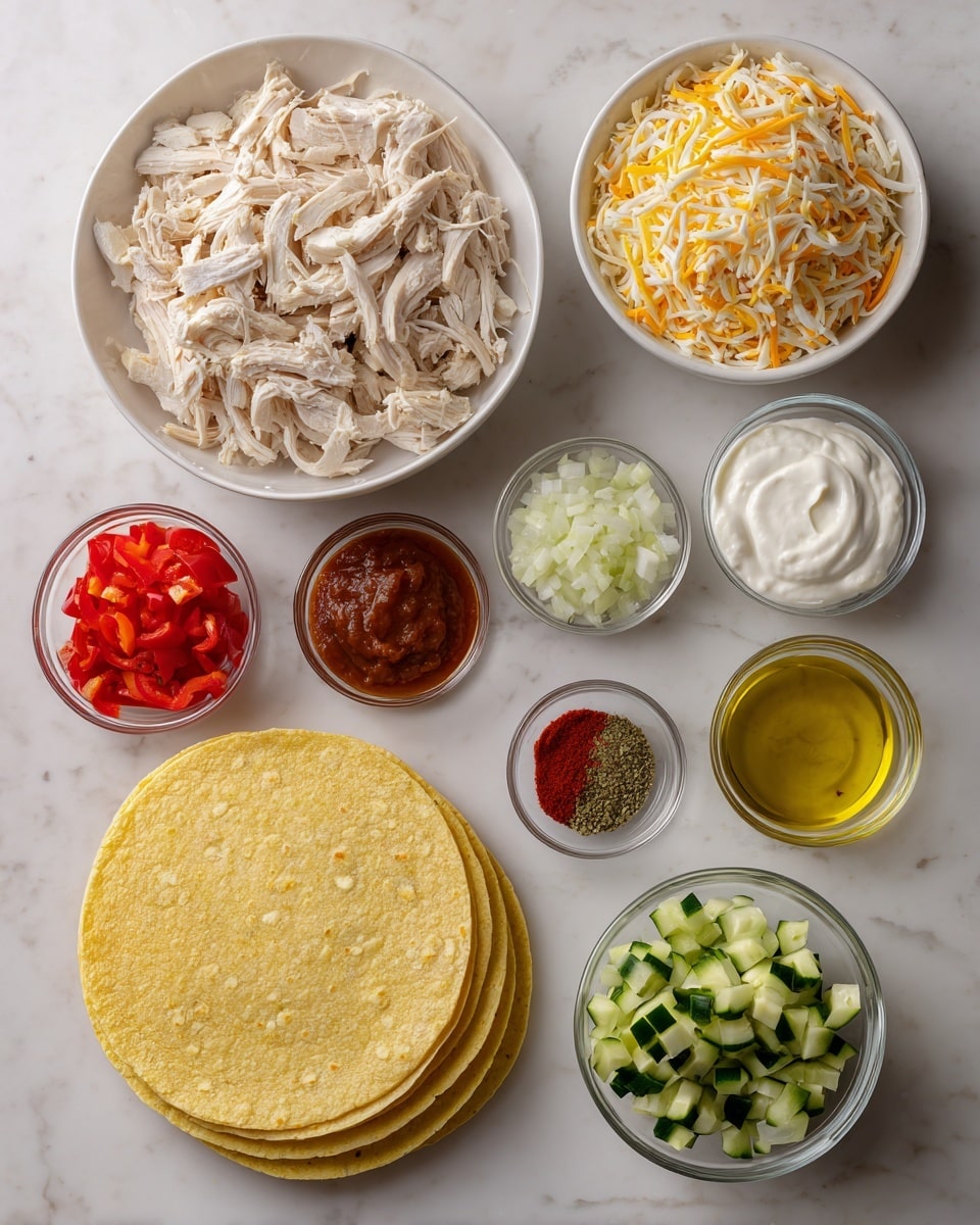 The image shows a flat lay of various ingredients on a white marbled surface. There is a stack of yellow corn tortillas in the lower center. To the left is a white bowl filled with shredded white meat. Above it is a white bowl with mixed shredded white and orange cheese. Next to the cheese are three small clear bowls in a row: the first contains a thick reddish-brown sauce, the middle one has white sour cream, and the third has chopped white onions. Below these bowls, there are two smaller clear bowls side by side: the left contains red chili powder, and the right contains oregano. To the right of the chili and oregano is a small clear bowl with light yellow oil. Below this is a clear bowl filled with chopped green zucchini and to the left of it is a clear bowl with chopped red bell peppers. The whole layout has a clean, organized look. photo taken with an iphone --ar 4:5 --v 7