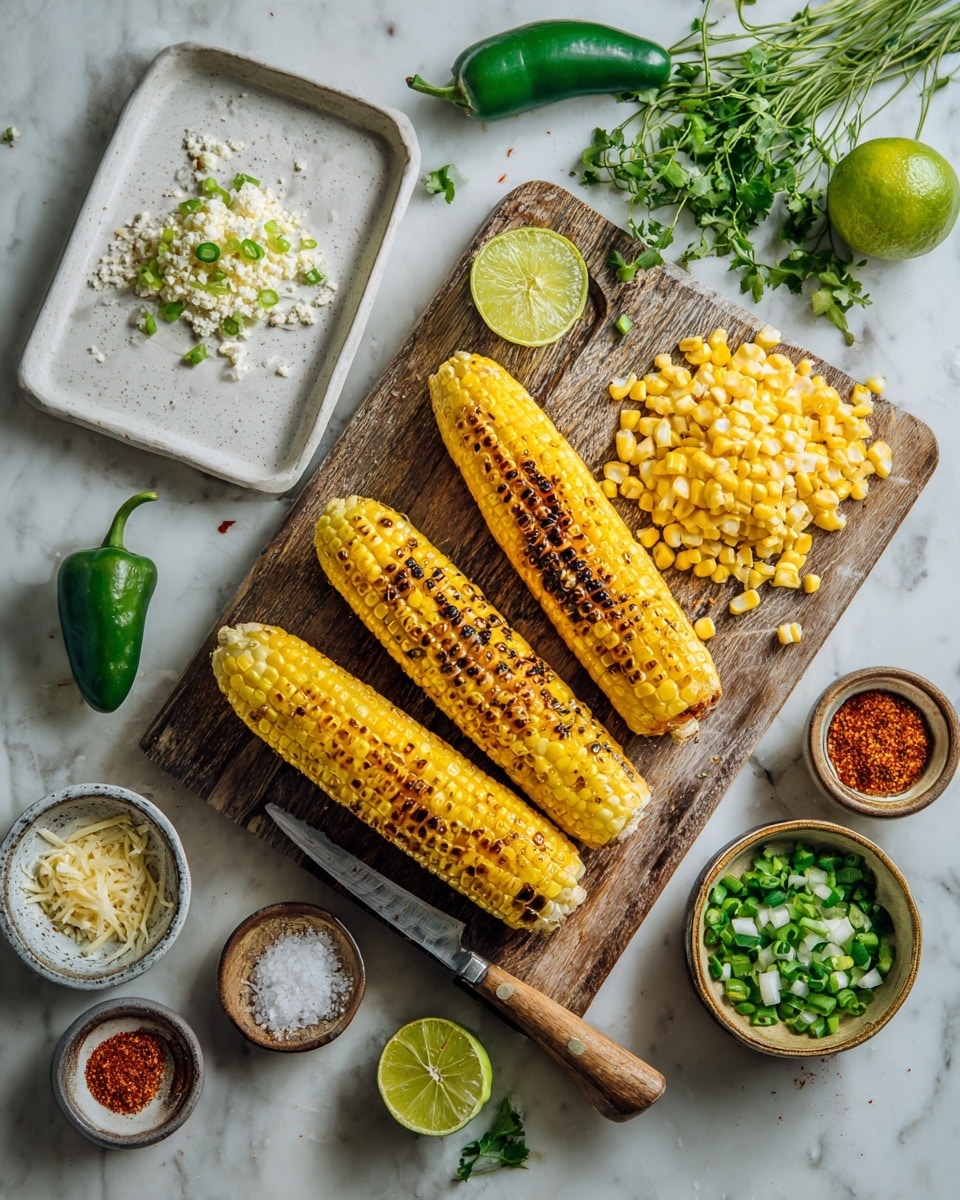 The image shows a white marbled table with three grilled corn cobs that have light brown char marks, placed on a white tray at the left. To the right, there is a wooden cutting board with one full grilled corn cob and a pile of bright yellow and white corn kernels next to it. A knife with a wooden handle and steel blade is placed partly on the cutting board. Around the cutting board on the table, there are small bowls containing chopped green onions, crumbly white cheese, green lime zest, olive oil, and red chili powder. A whole lime and a green jalapeño pepper lie near the bowls. Fresh green herbs add a touch of color near the top right corner. Photo taken with an iphone --ar 4:5 --v 7