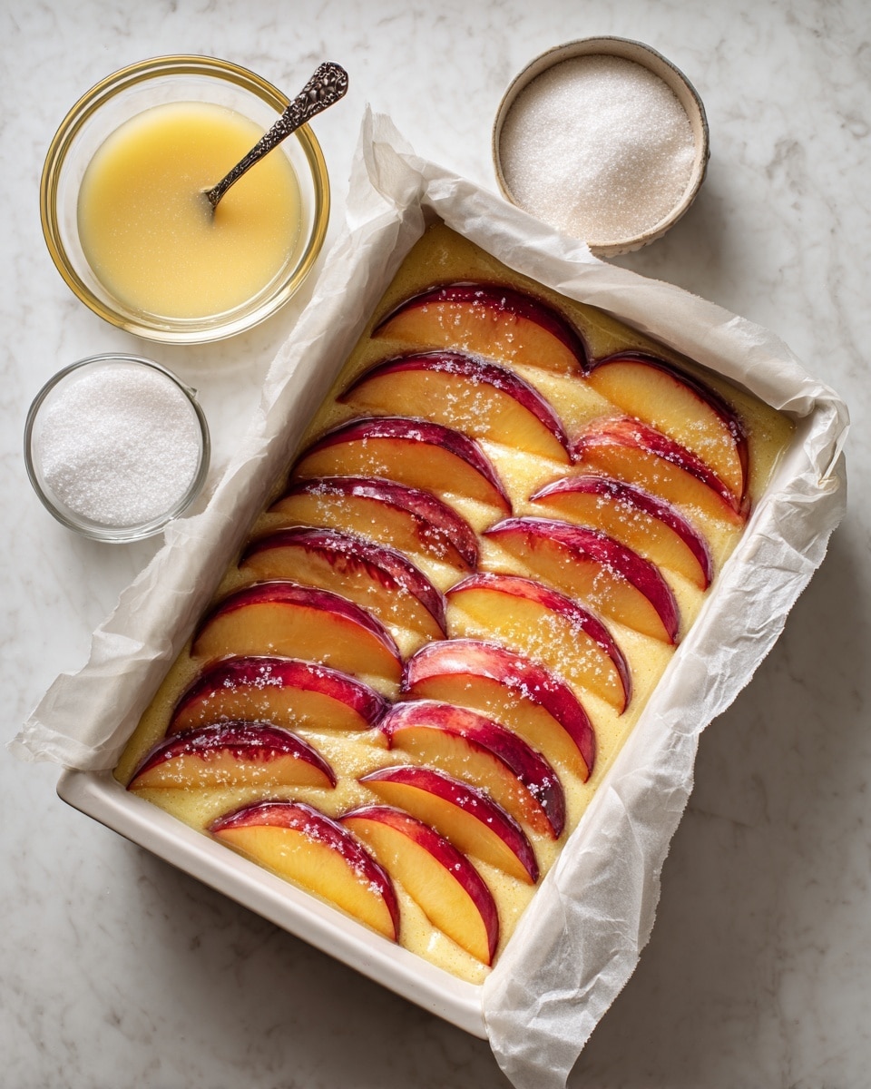 This image shows a baking tray lined with crumpled white parchment paper filled with a light yellow cake batter. On top, there are three rows of evenly spaced, thin peach slices arranged in a slightly overlapping, curved pattern. The peach slices have a mix of orange, red, and purple skin with bright orange flesh. The cake batter around the peaches looks smooth and moist, sprinkled with coarse white sugar crystals. To the side of the tray, on a white marbled surface, are two glass bowls: one with a shiny yellow liquid and a spoon inside, and another smaller bowl containing more white granulated sugar. Photo taken with an iphone --ar 4:5 --v 7