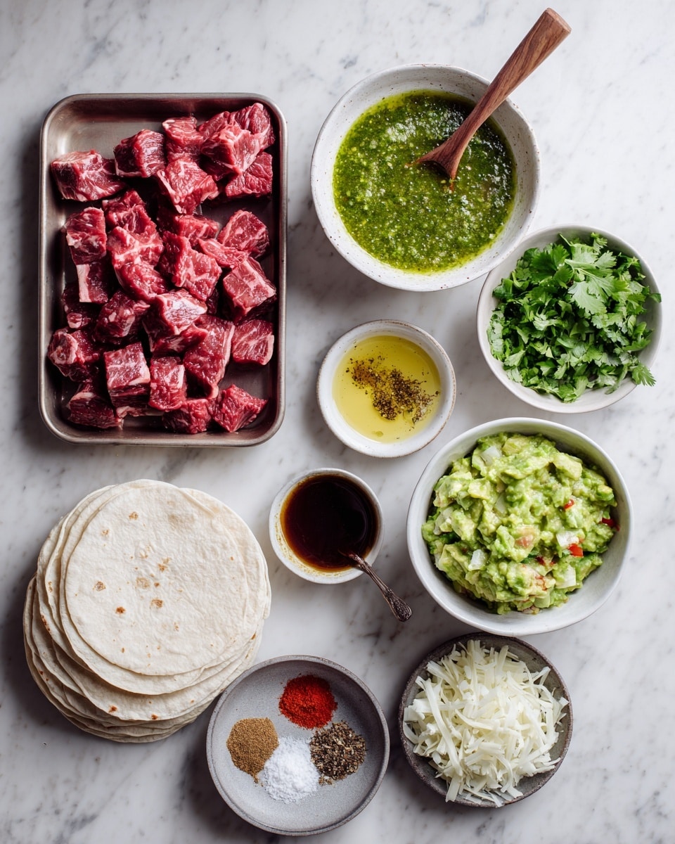 The image shows several bowls and a tray arranged on a white marbled surface, filled with ingredients for a meal. On the left, a white rimmed bowl contains a chunky green salsa verde with a wooden spoon inside. Next to it, a small bowl filled with chopped green cilantro rests above a tiny cup of soy sauce—a dark liquid—and a small dish with light yellow oil. Below these is a round plate holding mixed seasonings in separate piles, with a wooden spoon resting on the plate. To the right, a large white bowl is filled with chunky guacamole with small pieces of tomato visible. In the lower left, a tin tray holds small cubes of red steak with white fat marbling. Adjacent to the tray, several stacked white corn tortillas sit close to a small bowl of shredded white cheese near the bottom right corner. A striped cloth peeks out slightly from under the tortillas. The photo taken with an iphone --ar 4:5 --v 7