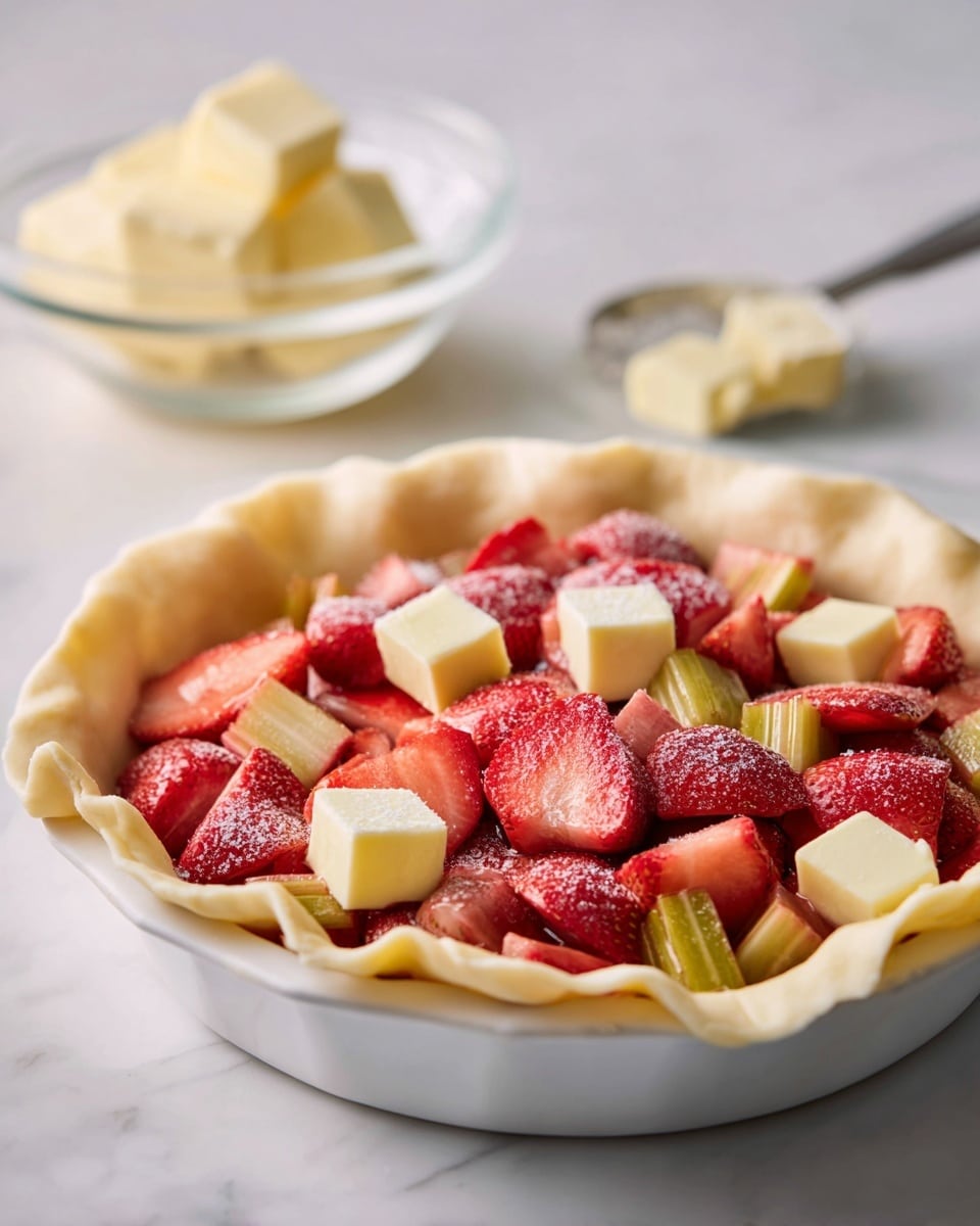 A round pie shell with a pale beige dough lined inside a white pie dish, filled with two layers of cut fruit pieces, mainly red strawberries mixed with pale green rhubarb chunks, both covered with a light dusting of white sugar or flour. Scattered on top are small, evenly spaced cubes of pale yellow butter. In the background, there is a small clear glass bowl with a spoon holding a few more butter cubes, set on a white marbled surface. A circular rolled-out dough is partially visible in the upper part of the image. Photo taken with an iphone --ar 4:5 --v 7