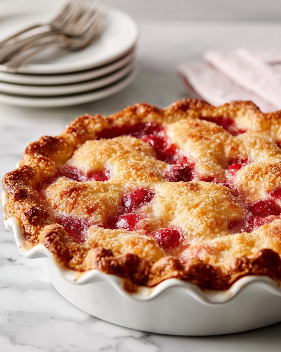 A golden brown pie with a slightly uneven crust, showing some reddish filling peeking through several small gaps and cracks in the top layer. The crust has a sugary texture with a crimped edge around the pie. It is placed on a white plate with scalloped edges, sitting on a white marbled surface. Behind the pie, there is a stack of four white plates with four forks on top. Photo taken with an iphone --ar 4:5 --v 7