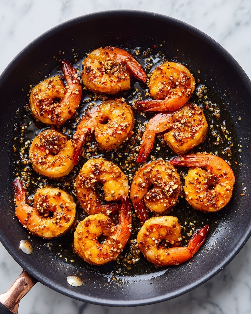 The image shows a black pan with 15 cooked shrimp arranged in a ring near the edges and a few in the center. Each shrimp is orange with brown spices on top, and the tails are visible, curling slightly. The pan holds some oil and small bits of cooked seasoning, with a slightly shiny surface. The pan is on a white marbled surface, showing just a little of the rusty-looking handle on the left side. photo taken with an iphone --ar 4:5 --v 7