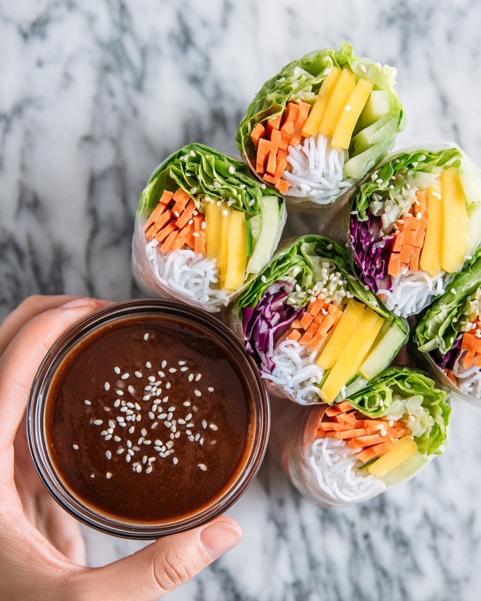 A woman's hand holds a fresh spring roll filled with several layers: white translucent rice noodles on the outer layer, followed by thin orange carrot sticks, white strips of daikon radish, green leafy lettuce, dark purple cabbage, and bright yellow mango strips inside. Below, another woman's hand holds a small glass bowl with a thick, dark brown dipping sauce topped with scattered white sesame seeds. The background is a white marbled texture. Photo taken with an iphone --ar 4:5 --v 7