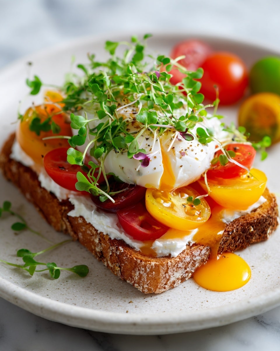 An open sandwich on a white plate shows four layers: the bottom layer is light brown toasted bread with a rough texture; next is a spread of white cream cheese; on top of that are slices of red and yellow tomatoes, juicy and slightly glossy; then a perfectly cooked poached egg with a white outside and a soft yellow yolk spilling slightly; finally, green microgreens are scattered all over the top, adding fresh color and texture. The plate rests on a white marbled surface with out-of-focus green and red tomatoes around it. Photo taken with an iphone --ar 4:5 --v 7