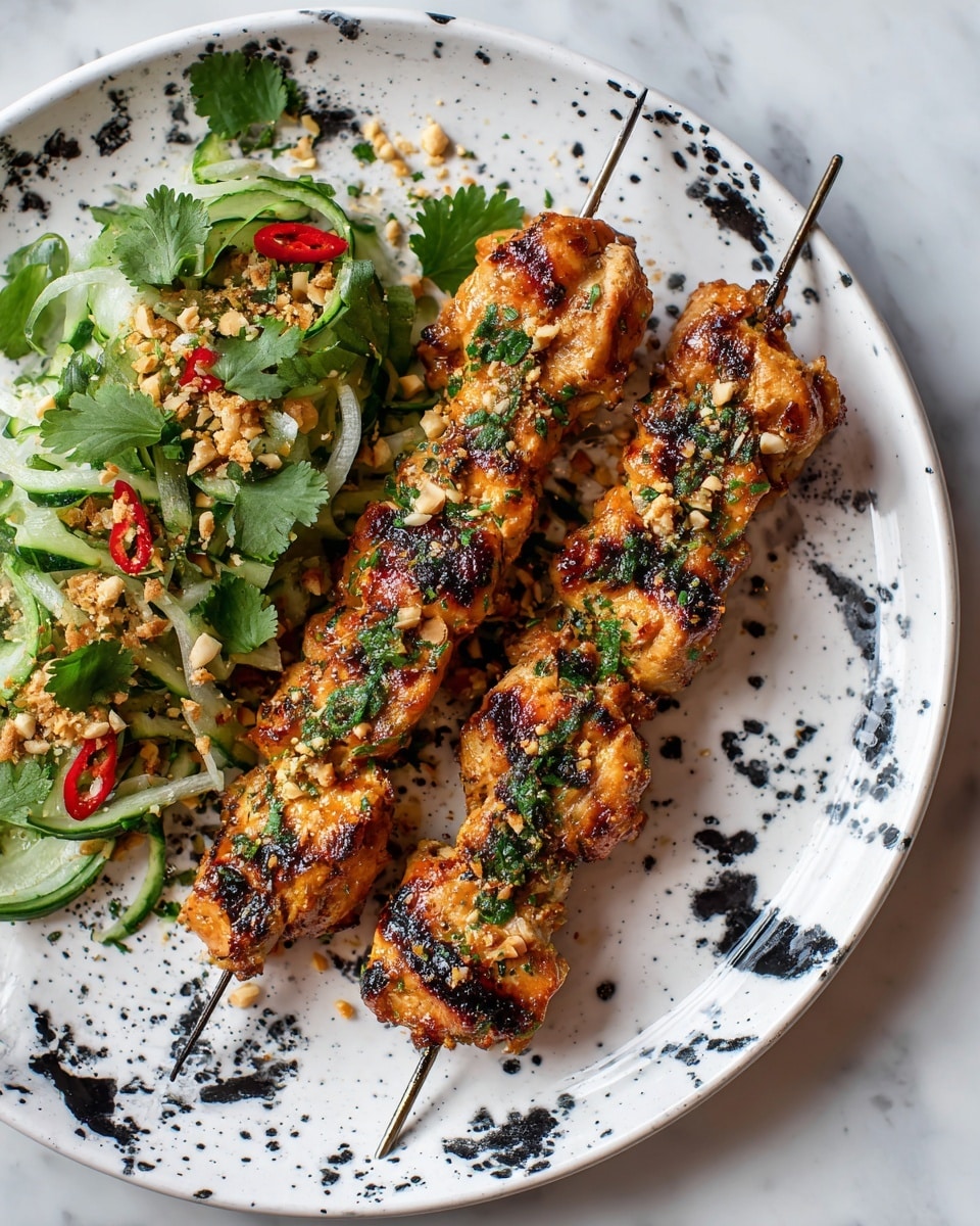 There are eight metal skewers laid out on a metal wire rack inside a shallow baking tray. Each skewer is filled with chunks of raw marinated meat that has visible small green herb pieces and bits of garlic or ginger spread across the meat. The meat pieces are close together, packed evenly along the length of the skewers. The wire rack and baking tray sit on a white marbled surface. photo taken with an iphone --ar 4:5 --v 7