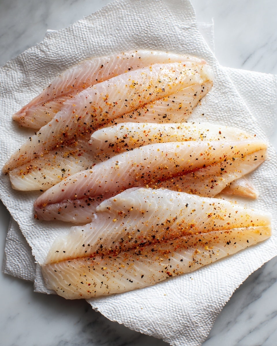 Five fish fillets lay flat on a white paper towel, arranged overlapping slightly. The fillets are pale pinkish-white with a delicate moist texture. A mix of orange-brown seasoning with black pepper specks is sprinkled unevenly across the upper surfaces of the fish, adding warm color contrast. The paper towel beneath them has a soft, textured look. The whole scene is set on a white marbled surface, visible at the edges. photo taken with an iphone --ar 4:5 --v 7