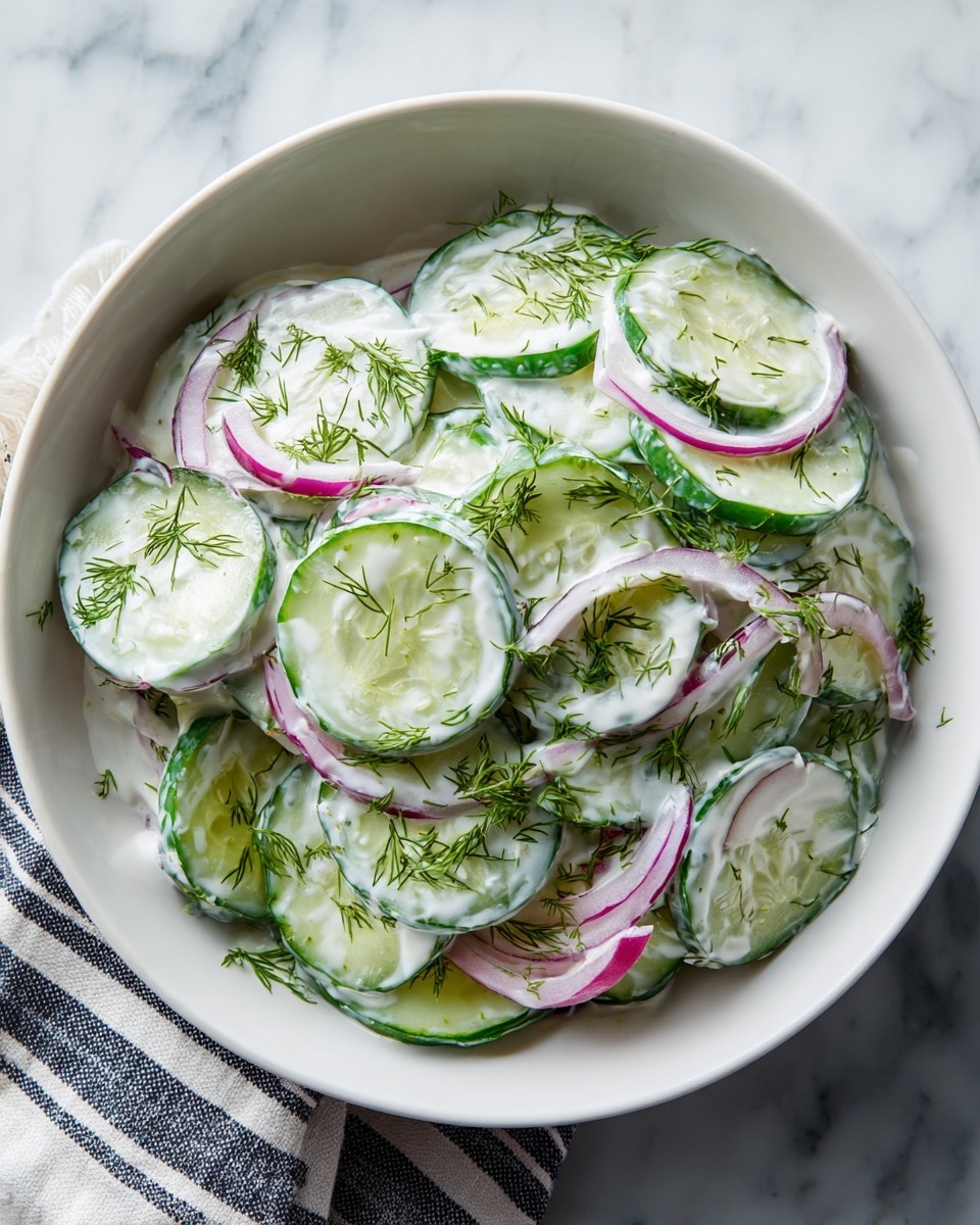 The image shows a bowl of cucumber salad with creamy white dressing. The salad has several layers: thick green cucumber slices with pale green centers, thin curved red onion slices, and small sprigs of bright green dill sprinkled all over. The creamy dressing coats the cucumber and onion, creating a smooth and glossy texture. The bowl is white, with the salad filling it close to the rim. The background is a white marbled surface, and part of a striped cloth can be seen on the side. Photo taken with an iphone --ar 4:5 --v 7