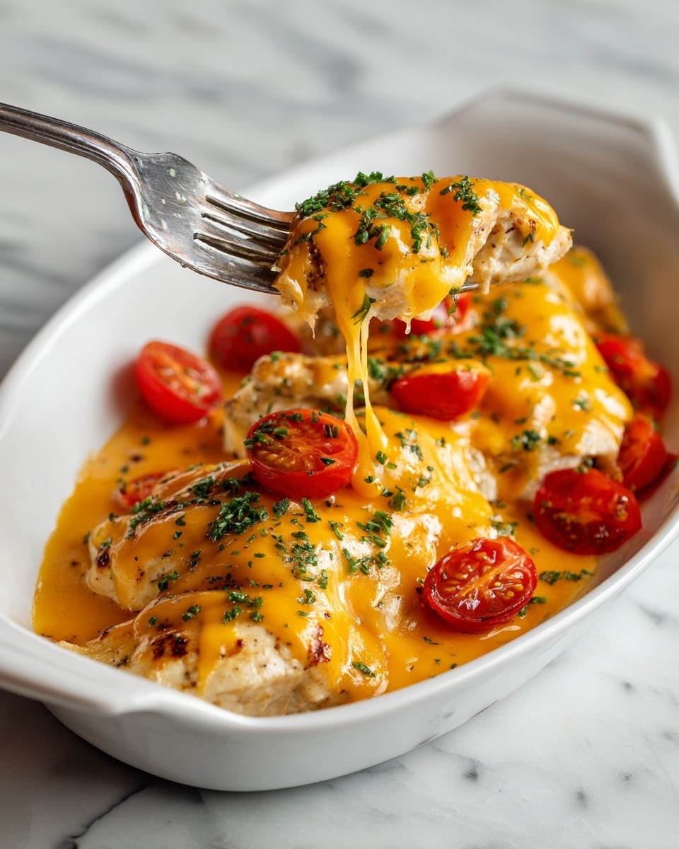 In a white oval dish, there are three main layers: at the bottom, well-cooked chicken pieces with a light brown color and grilled texture; on top of the chicken, a smooth layer of melted bright orange cheddar cheese spread unevenly; scattered on the surface are small red cherry tomato halves, adding a fresh look; finishing the dish is a sprinkle of chopped green herbs over everything. A metal fork lifts one piece, showing the melted cheese dripping slightly and the chicken underneath. The dish rests on a white marbled surface. Photo taken with an iphone --ar 4:5 --v 7