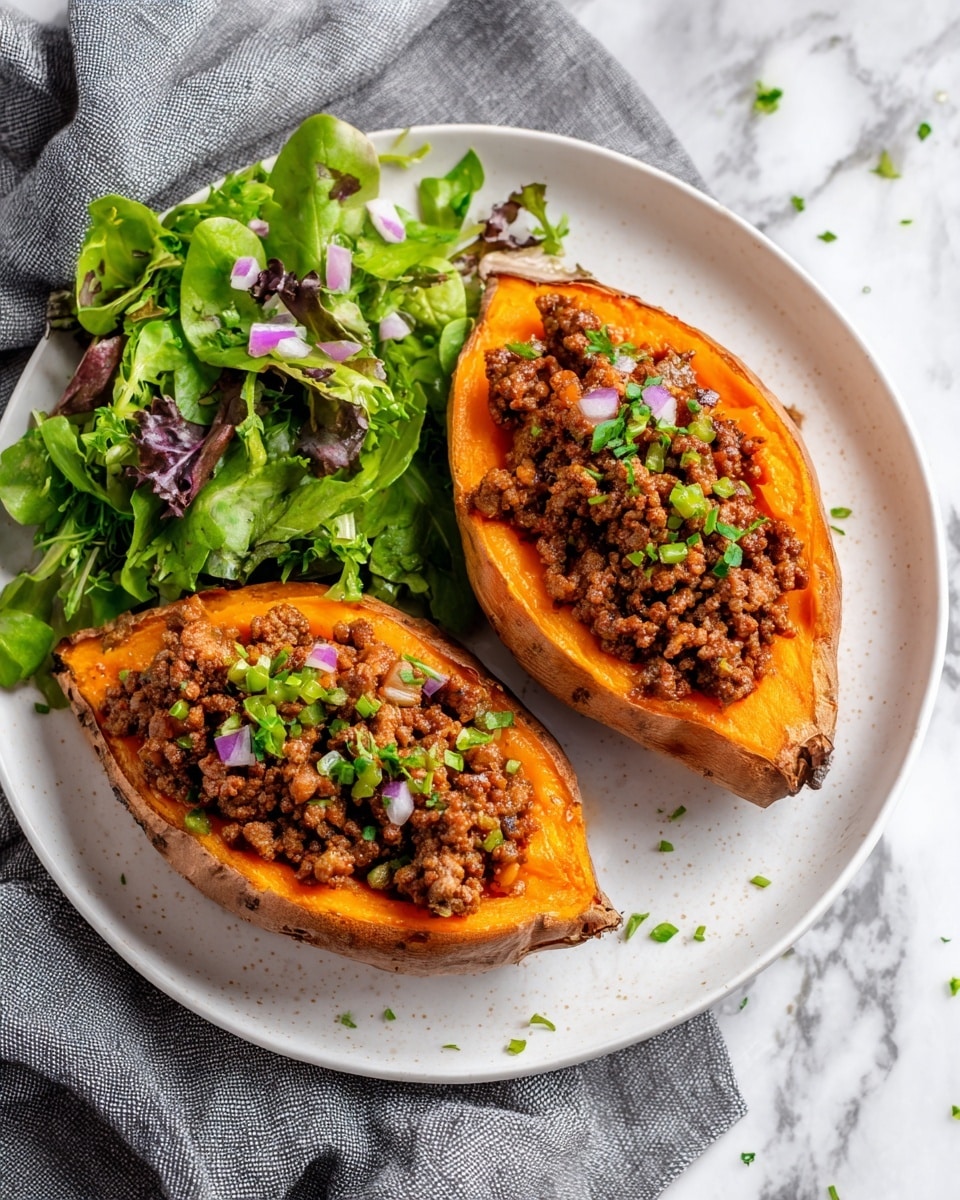 Two baked sweet potato halves with bright orange soft insides sit on a white plate. Each potato half is filled with a brown minced meat mixture with small pieces of green pepper and topped with chopped green herbs. On the side of the plate, there is a small salad of mixed green leaves with tiny pieces of red onion scattered on top. The plate is placed on a white marbled surface next to a gray cloth. Photo taken with an iphone --ar 4:5 --v 7