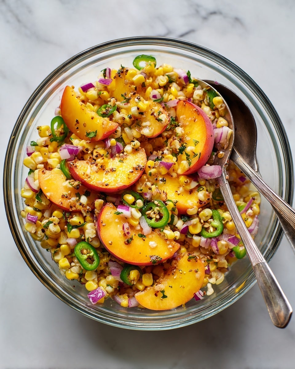 A clear glass bowl filled with a colorful mix of food layers: bright yellow and white corn kernels scattered throughout, large slices of orange-yellow peach with red edges placed on top and mixed in, thin green jalapeno rings spread evenly, small bits of red onion adding spots of purple, and finely chopped green herbs sprinkled all over with some ground black pepper visible. Two silver spoons rest in the bowl among the ingredients, and the bowl sits on a white marbled surface. Photo taken with an iphone --ar 4:5 --v 7